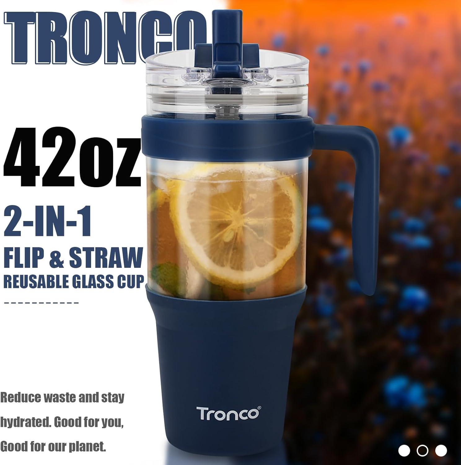 imageTronco 40 oz Glass Tumbler with Handle Bamboo Lid and Straw Fits Cup Holders Reusable Glass Water Bottles for Iced Coffee and Smoothie LeadFree BPAFreeNavy Blue