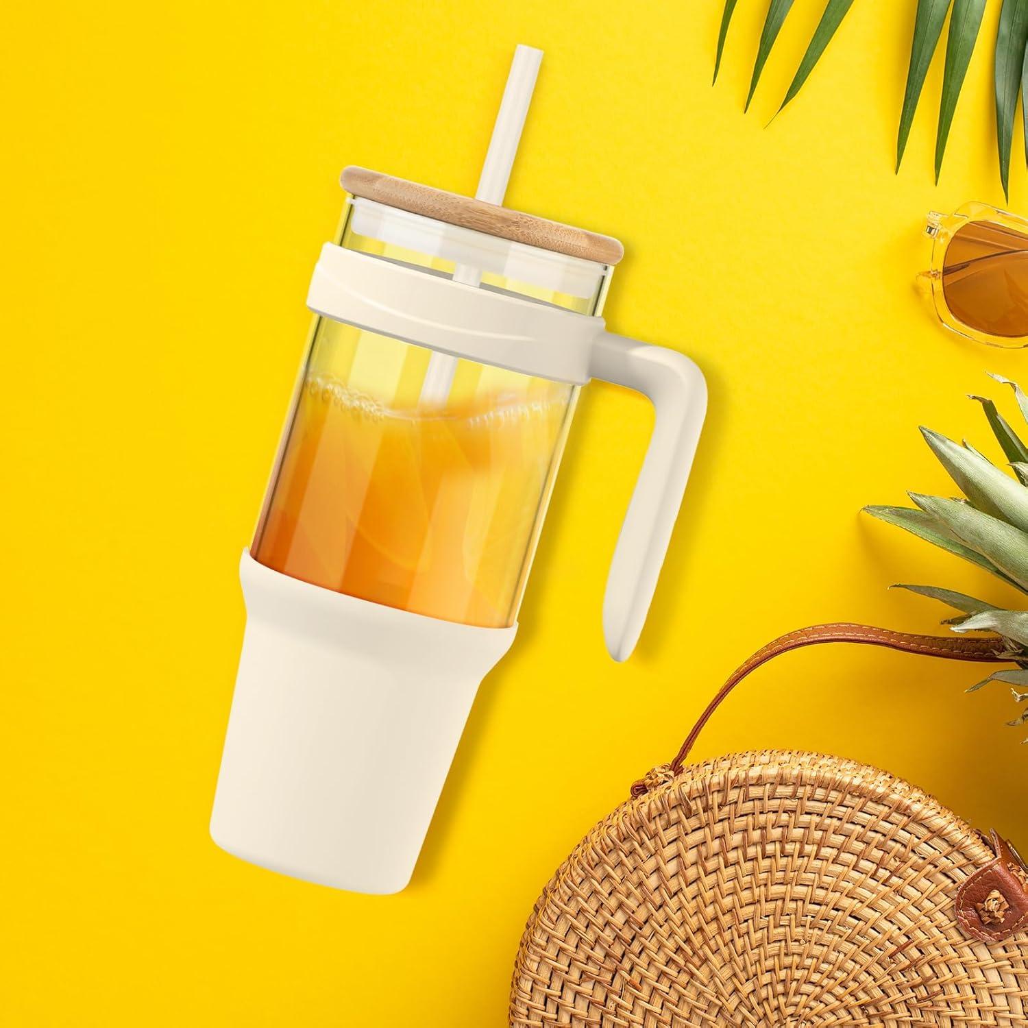 imageTronco 40 oz Glass Tumbler with Handle Bamboo Lid and Straw Fits Cup Holders Reusable Glass Water Bottles for Iced Coffee and Smoothie LeadFree BPAFreeCreamBamboo