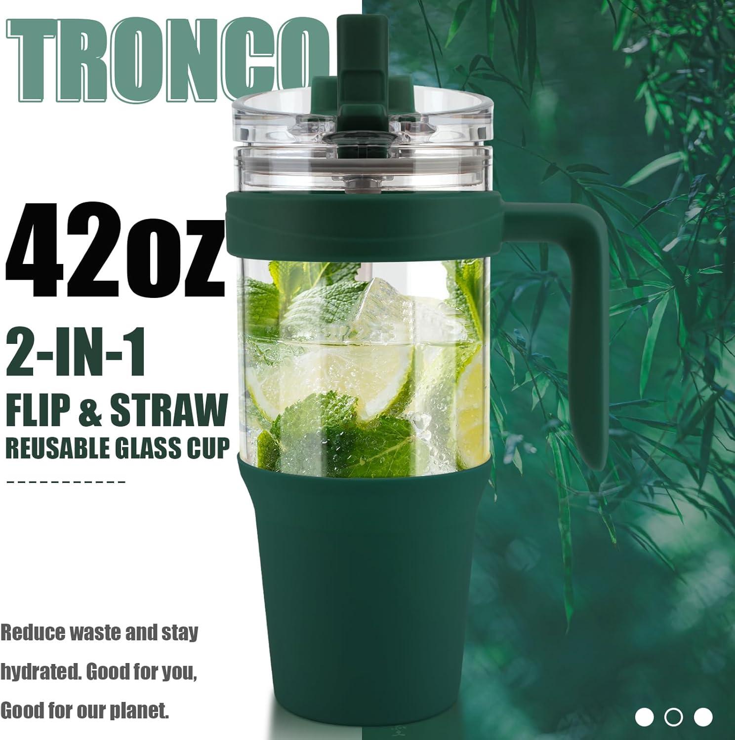 imageTronco 40 oz Glass Tumbler with Handle Bamboo Lid and Straw Fits Cup Holders Reusable Glass Water Bottles for Iced Coffee and Smoothie LeadFree BPAFreeGreen