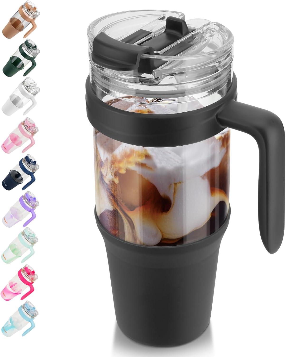 imageTronco 40 oz Glass Tumbler with Handle Bamboo Lid and Straw Fits Cup Holders Reusable Glass Water Bottles for Iced Coffee and Smoothie LeadFree BPAFreeBlack