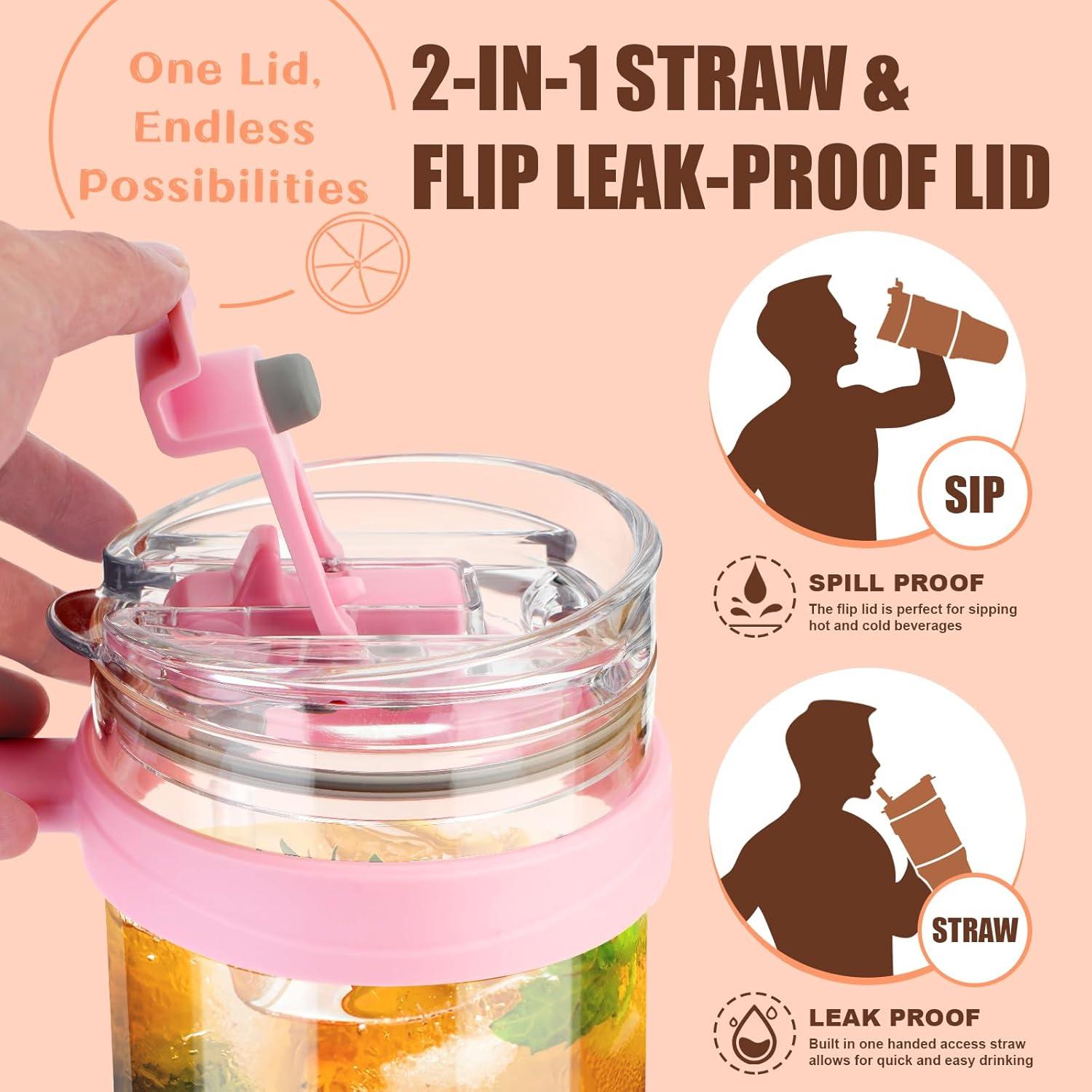 imageTronco 40 oz Glass Tumbler with Handle Bamboo Lid and Straw Fits Cup Holders Reusable Glass Water Bottles for Iced Coffee and Smoothie LeadFree BPAFreePink