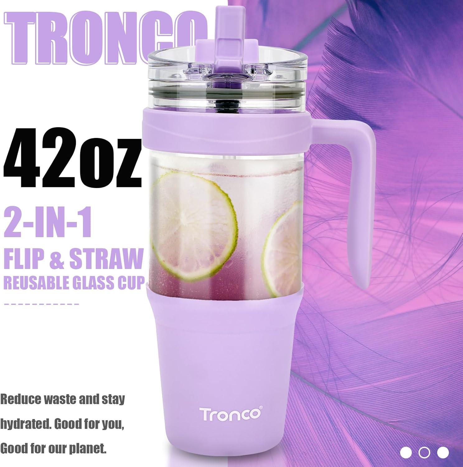 imageTronco 40 oz Glass Tumbler with Handle Bamboo Lid and Straw Fits Cup Holders Reusable Glass Water Bottles for Iced Coffee and Smoothie LeadFree BPAFreeLight Purple