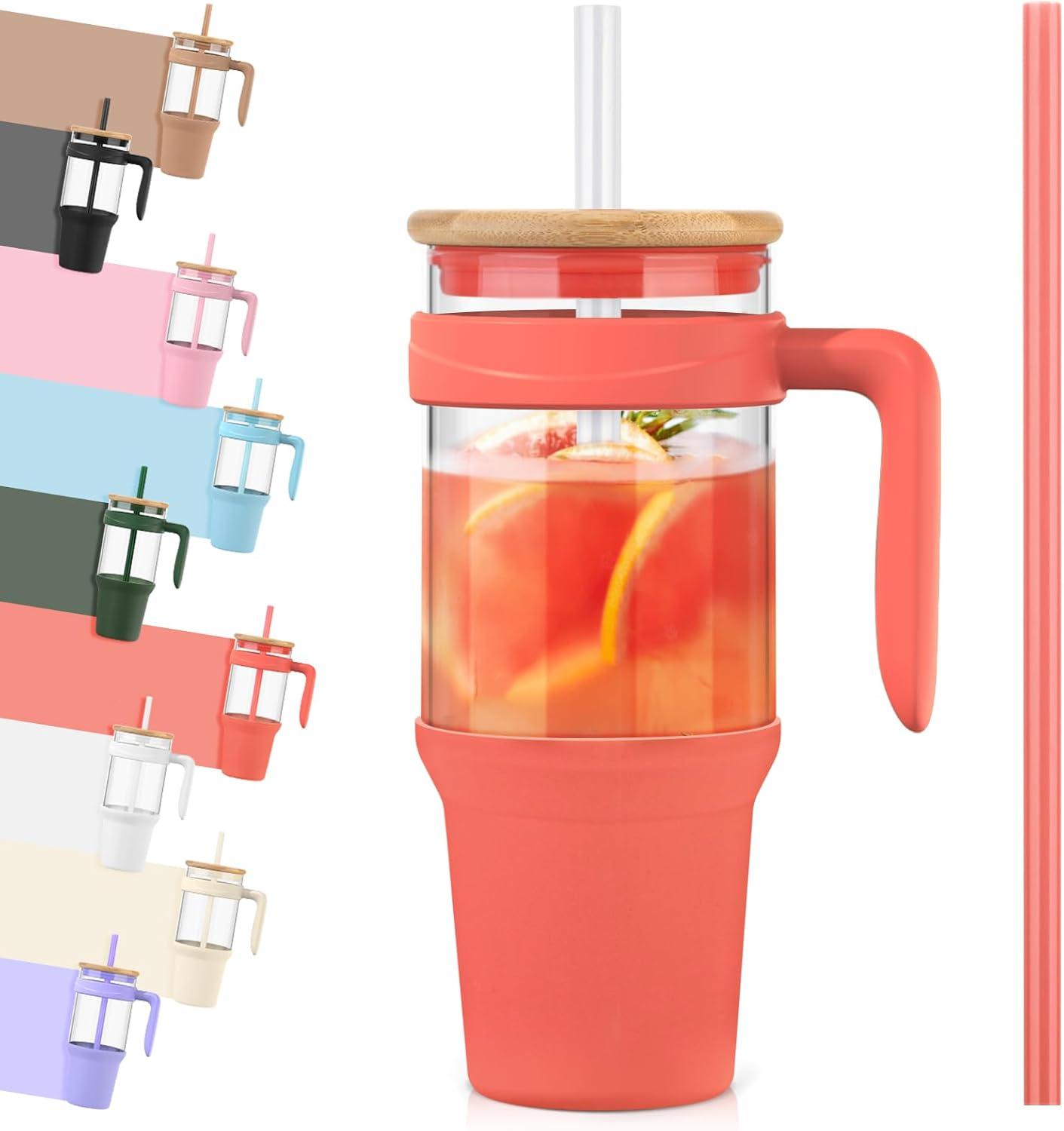 imageTronco 40 oz Glass Tumbler with Handle Bamboo Lid and Straw Fits Cup Holders Reusable Glass Water Bottles for Iced Coffee and Smoothie LeadFree BPAFreeCoral OrangeBamboo