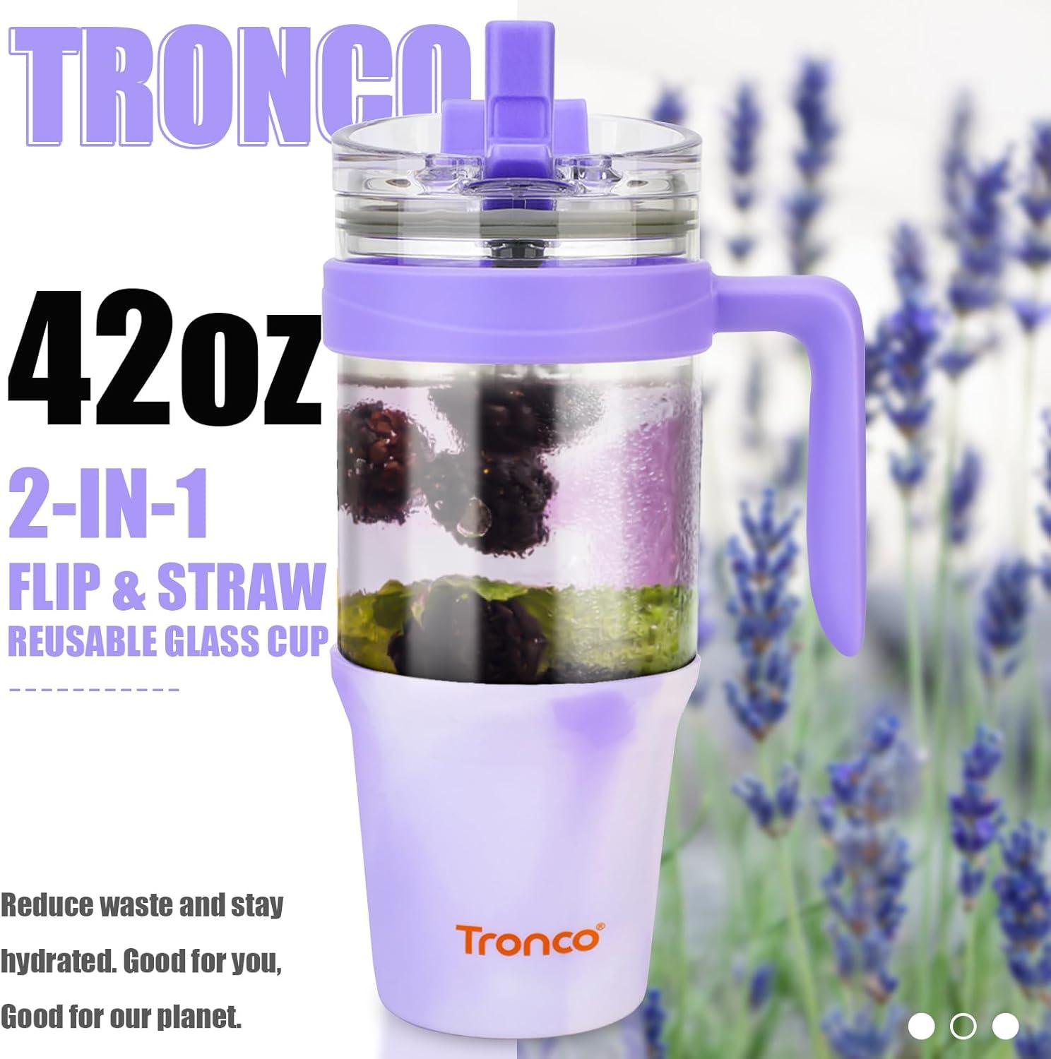 imageTronco 40 oz Glass Tumbler with Handle Bamboo Lid and Straw Fits Cup Holders Reusable Glass Water Bottles for Iced Coffee and Smoothie LeadFree BPAFreeMixedPurple