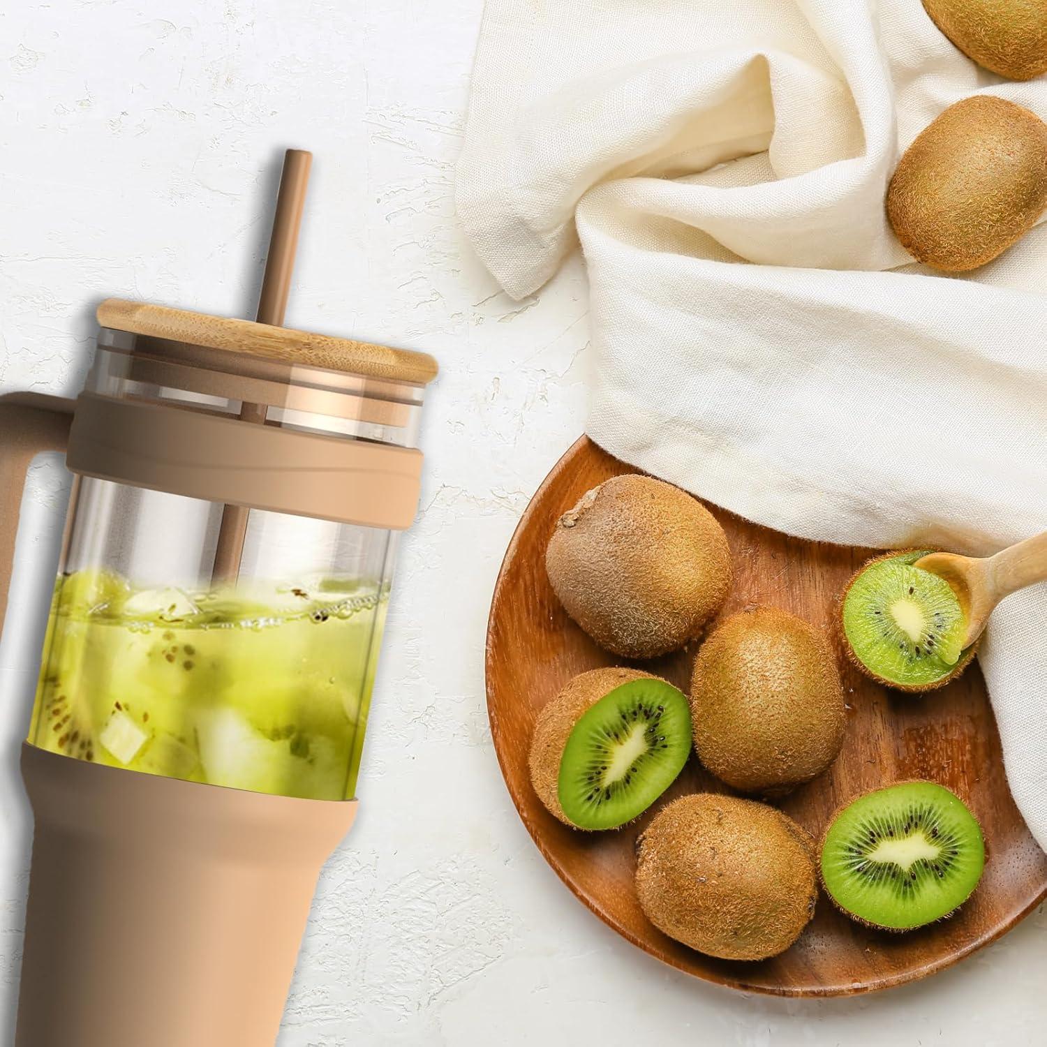 imageTronco 40 oz Glass Tumbler with Handle Bamboo Lid and Straw Fits Cup Holders Reusable Glass Water Bottles for Iced Coffee and Smoothie LeadFree BPAFreeKhakiBamboo