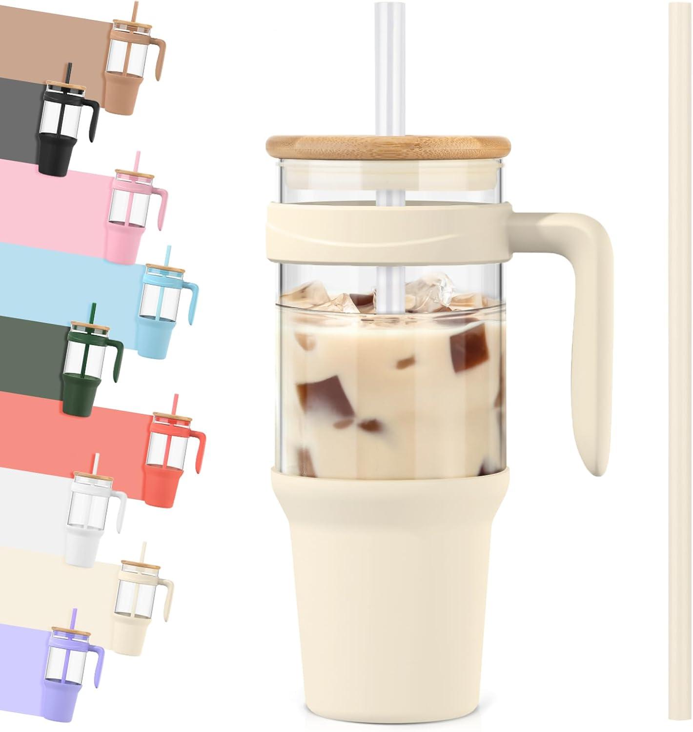 imageTronco 40 oz Glass Tumbler with Handle Bamboo Lid and Straw Fits Cup Holders Reusable Glass Water Bottles for Iced Coffee and Smoothie LeadFree BPAFreeCreamBamboo