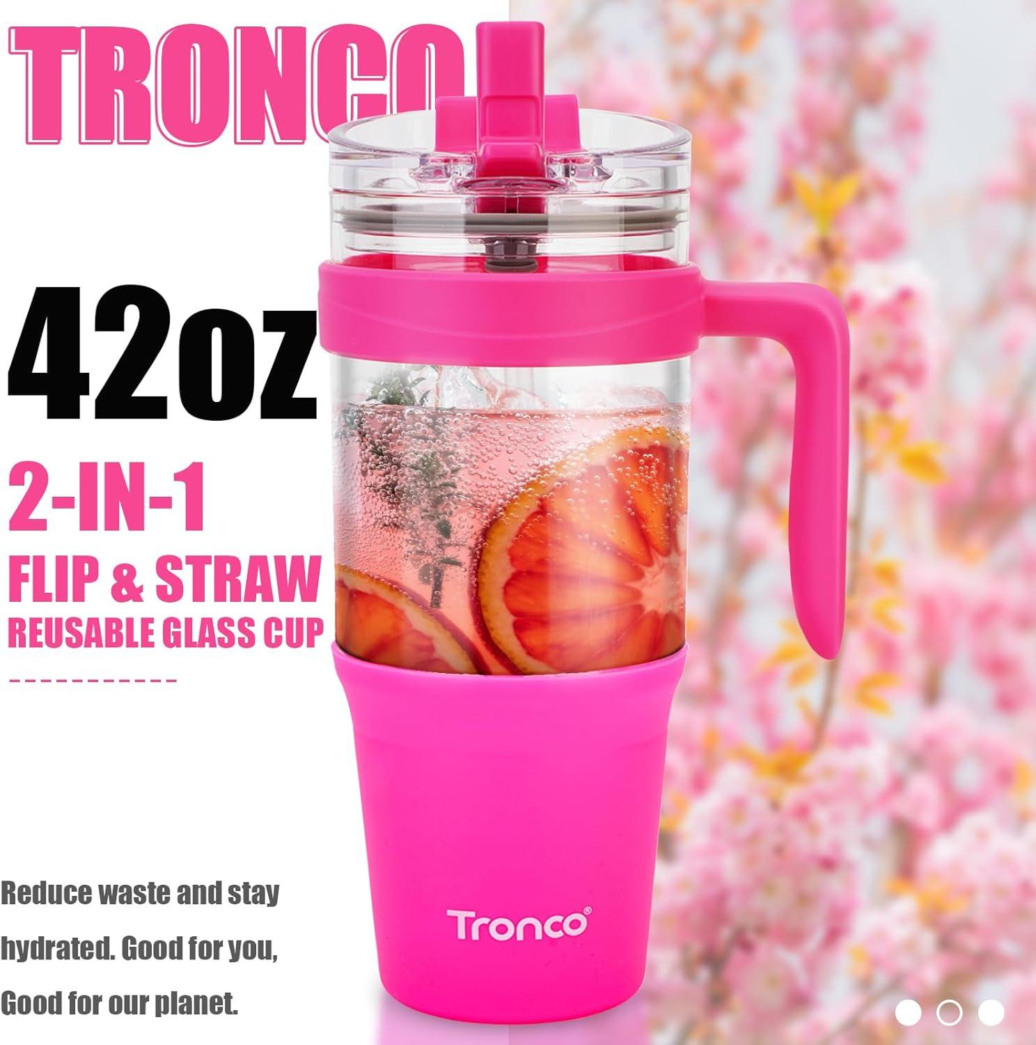 imageTronco 40 oz Glass Tumbler with Handle Bamboo Lid and Straw Fits Cup Holders Reusable Glass Water Bottles for Iced Coffee and Smoothie LeadFree BPAFreeHot Pink