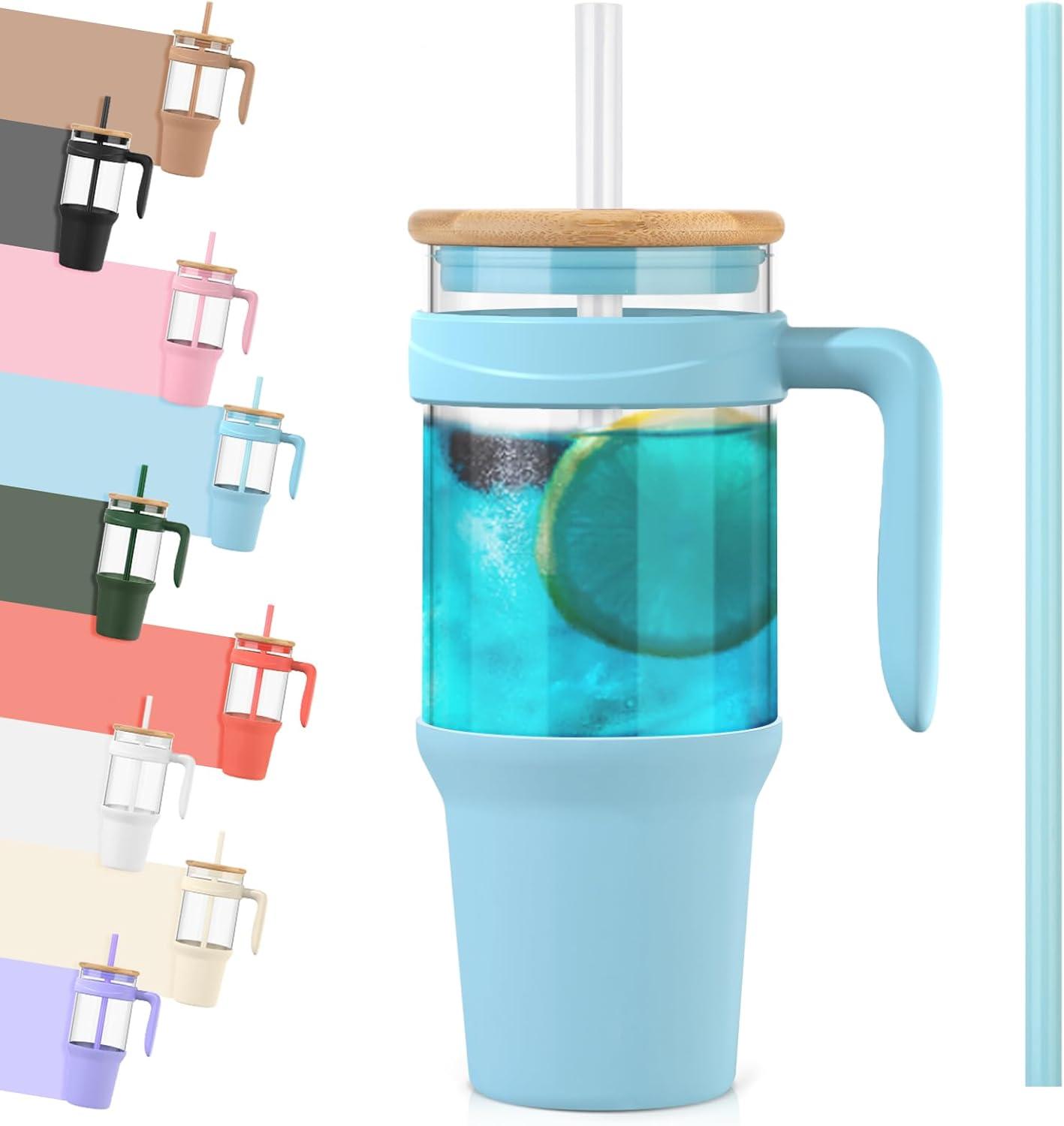 imageTronco 40 oz Glass Tumbler with Handle Bamboo Lid and Straw Fits Cup Holders Reusable Glass Water Bottles for Iced Coffee and Smoothie LeadFree BPAFreeskyblueBamboo