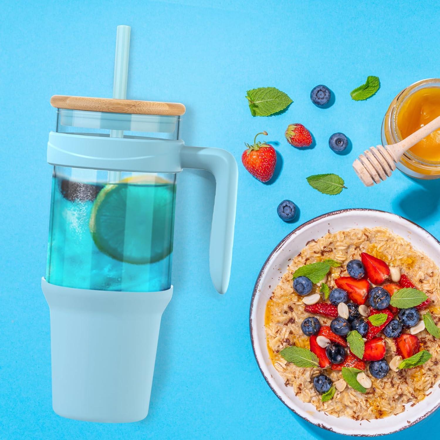 imageTronco 40 oz Glass Tumbler with Handle Bamboo Lid and Straw Fits Cup Holders Reusable Glass Water Bottles for Iced Coffee and Smoothie LeadFree BPAFreeskyblueBamboo