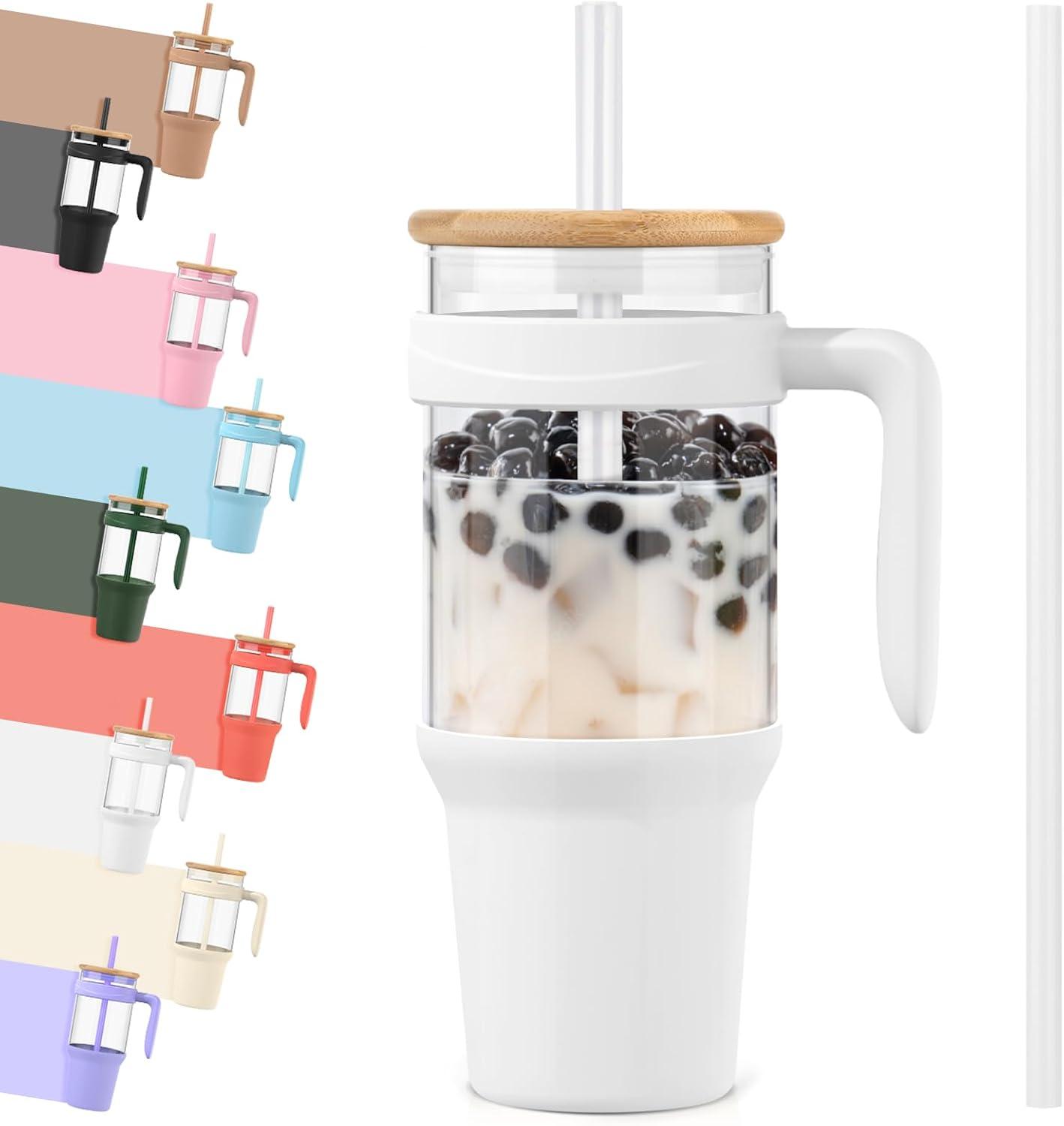 imageTronco 40 oz Glass Tumbler with Handle Bamboo Lid and Straw Fits Cup Holders Reusable Glass Water Bottles for Iced Coffee and Smoothie LeadFree BPAFreeWhiteBamboo