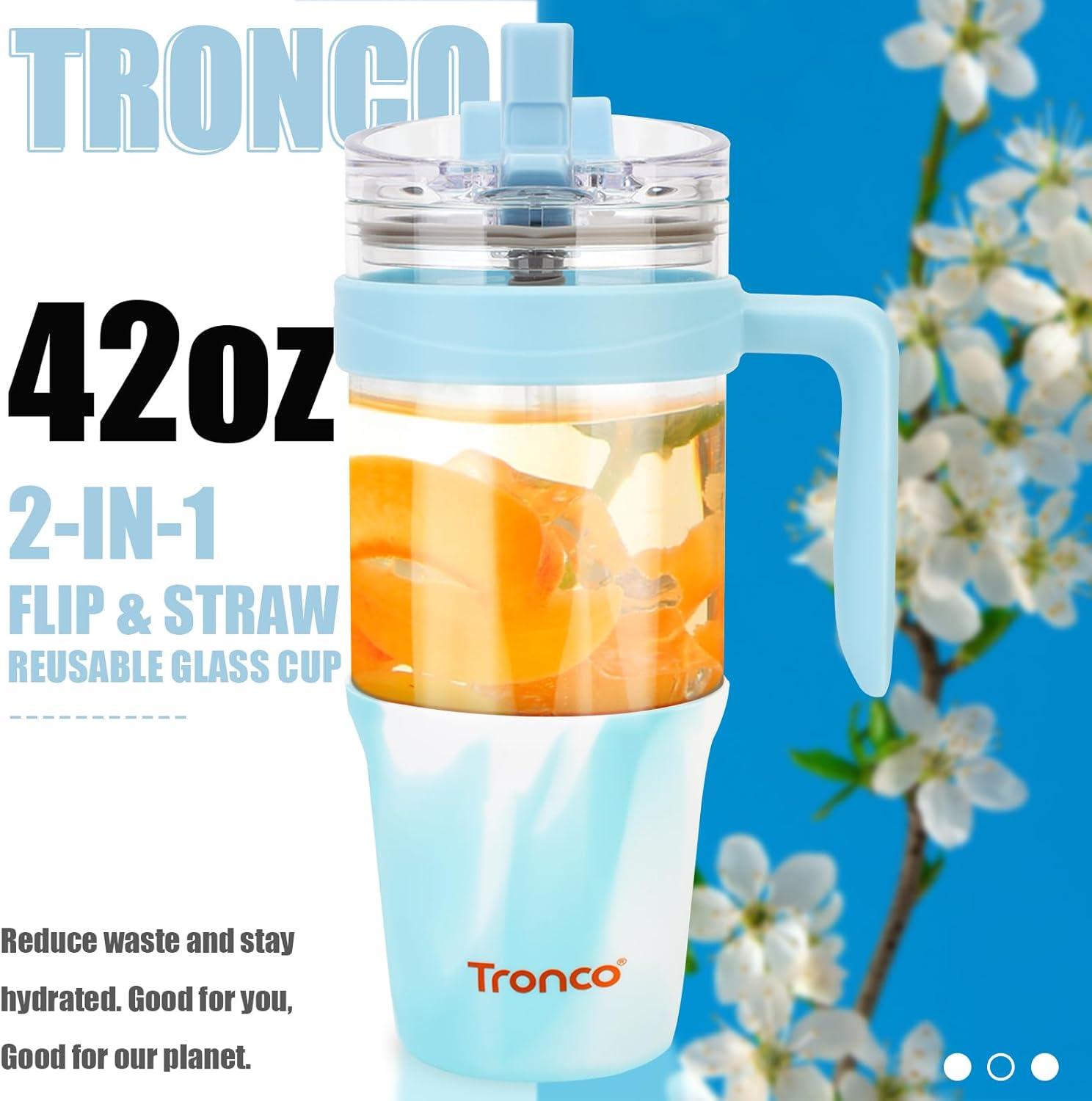 imageTronco 40 oz Glass Tumbler with Handle Bamboo Lid and Straw Fits Cup Holders Reusable Glass Water Bottles for Iced Coffee and Smoothie LeadFree BPAFreeMixedSkyblue
