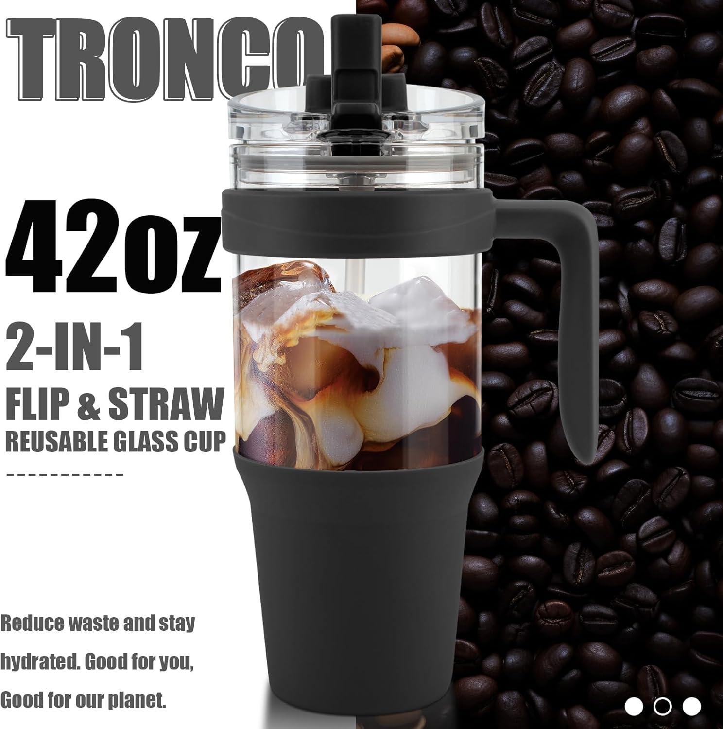imageTronco 40 oz Glass Tumbler with Handle Bamboo Lid and Straw Fits Cup Holders Reusable Glass Water Bottles for Iced Coffee and Smoothie LeadFree BPAFreeBlack