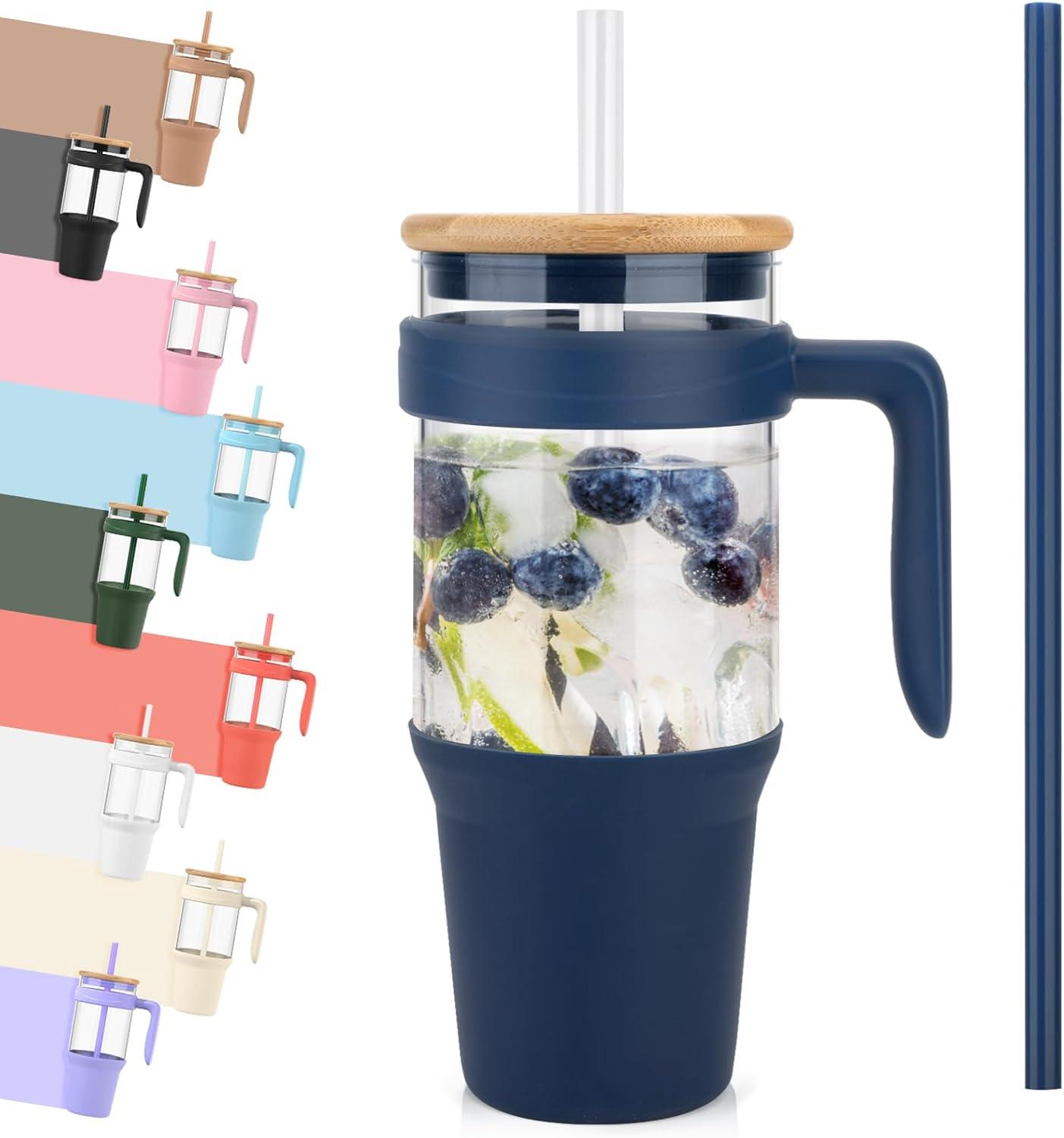 imageTronco 40 oz Glass Tumbler with Handle Bamboo Lid and Straw Fits Cup Holders Reusable Glass Water Bottles for Iced Coffee and Smoothie LeadFree BPAFreeNavy BlueBamboo