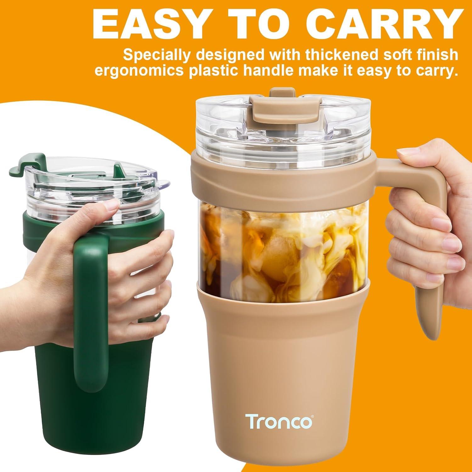 imageTronco 40 oz Glass Tumbler with Handle Bamboo Lid and Straw Fits Cup Holders Reusable Glass Water Bottles for Iced Coffee and Smoothie LeadFree BPAFreeCream