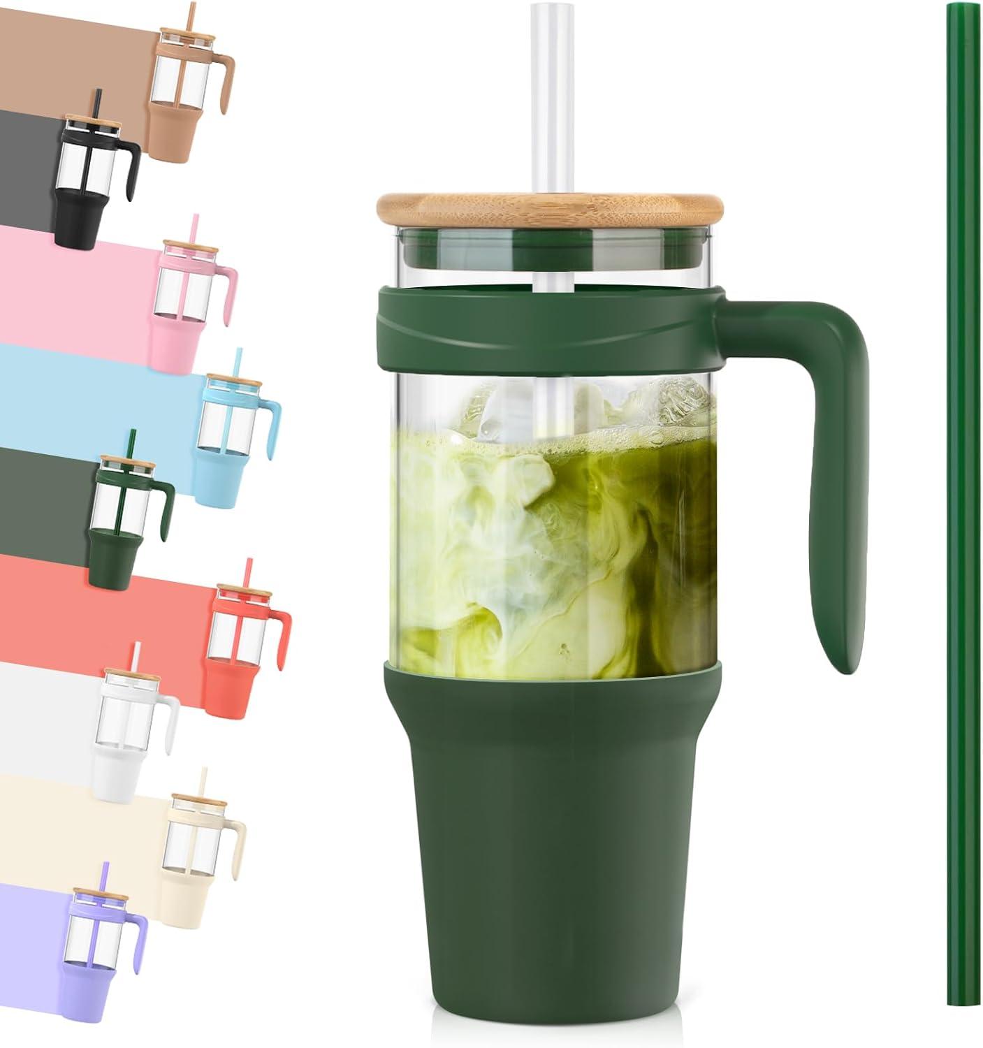 imageTronco 40 oz Glass Tumbler with Handle Bamboo Lid and Straw Fits Cup Holders Reusable Glass Water Bottles for Iced Coffee and Smoothie LeadFree BPAFreeGreenBamboo
