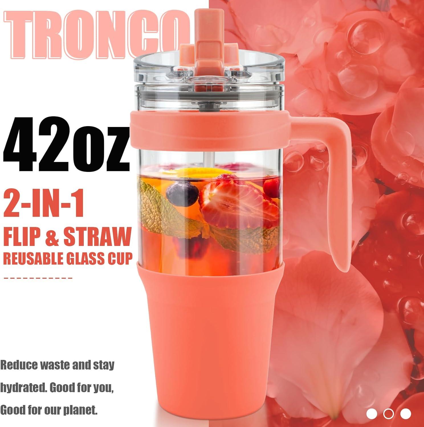imageTronco 40 oz Glass Tumbler with Handle Bamboo Lid and Straw Fits Cup Holders Reusable Glass Water Bottles for Iced Coffee and Smoothie LeadFree BPAFreeCoral Orange