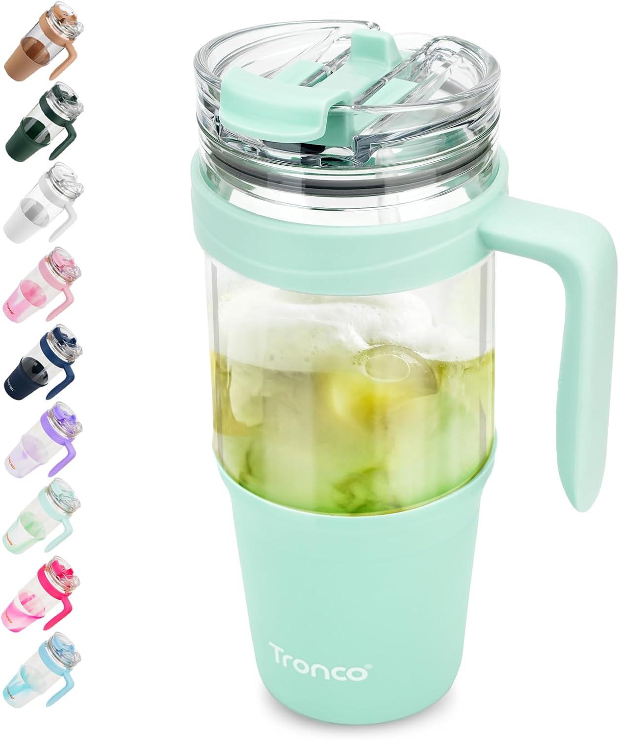 imageTronco 40 oz Glass Tumbler with Handle Bamboo Lid and Straw Fits Cup Holders Reusable Glass Water Bottles for Iced Coffee and Smoothie LeadFree BPAFreeLight Green