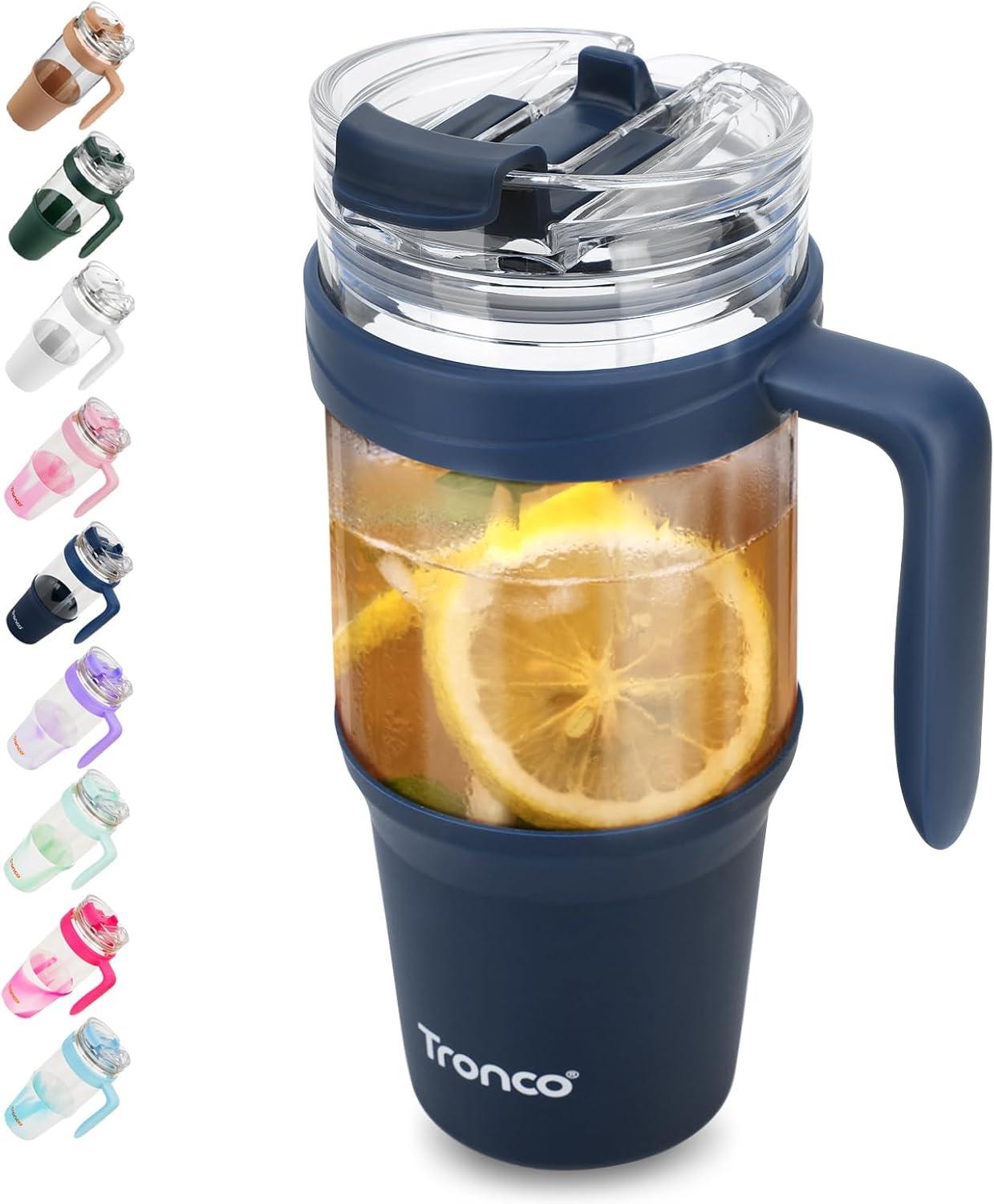 imageTronco 40 oz Glass Tumbler with Handle Bamboo Lid and Straw Fits Cup Holders Reusable Glass Water Bottles for Iced Coffee and Smoothie LeadFree BPAFreeNavy Blue