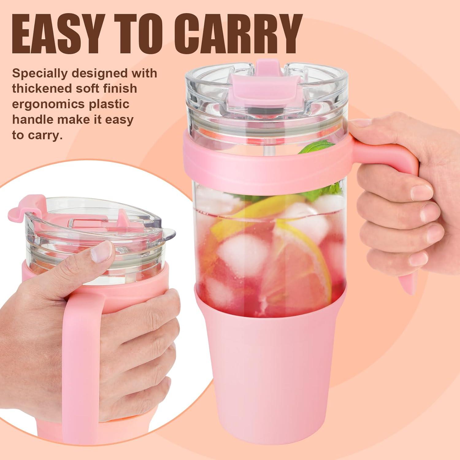 imageTronco 40 oz Glass Tumbler with Handle Bamboo Lid and Straw Fits Cup Holders Reusable Glass Water Bottles for Iced Coffee and Smoothie LeadFree BPAFreePink