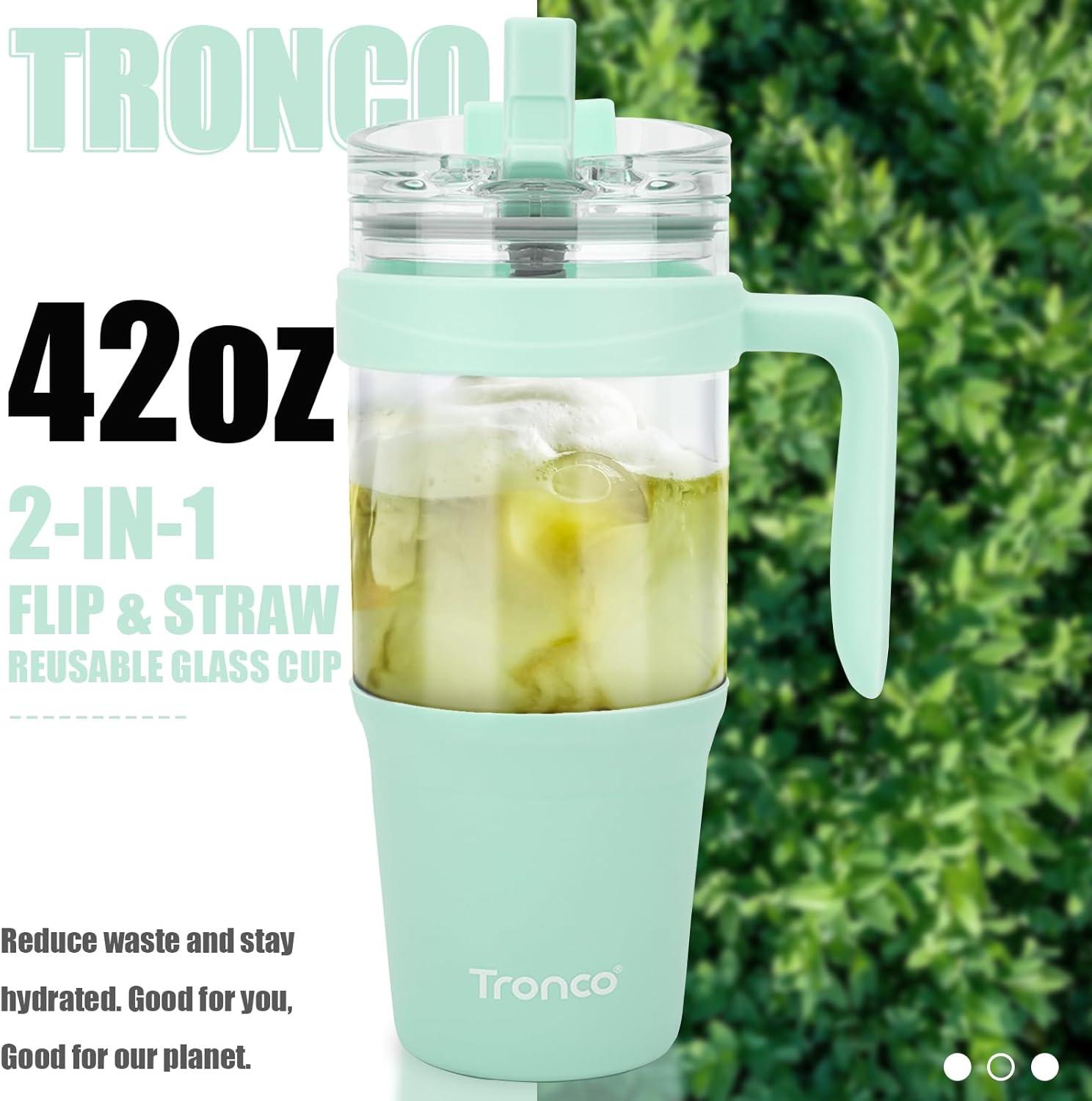 imageTronco 40 oz Glass Tumbler with Handle Bamboo Lid and Straw Fits Cup Holders Reusable Glass Water Bottles for Iced Coffee and Smoothie LeadFree BPAFreeLight Green