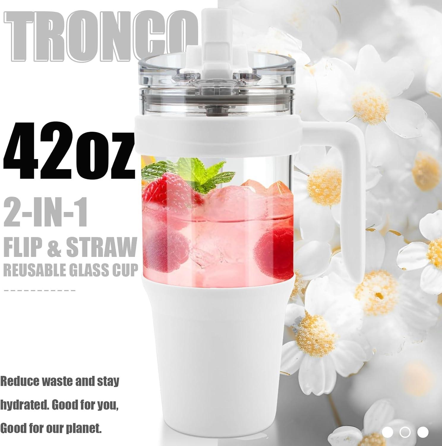 imageTronco 40 oz Glass Tumbler with Handle Bamboo Lid and Straw Fits Cup Holders Reusable Glass Water Bottles for Iced Coffee and Smoothie LeadFree BPAFreeWhite