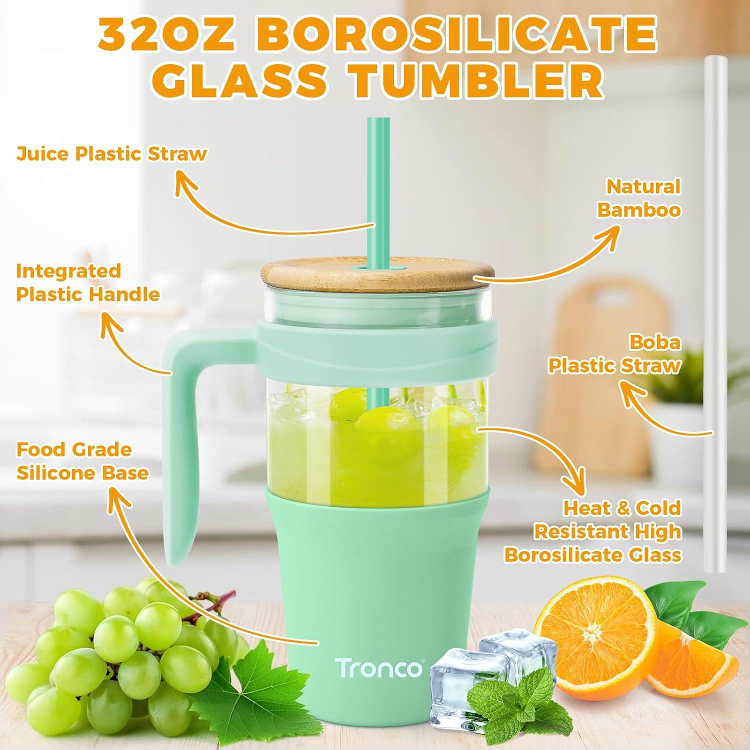 imageTronco 40 oz Glass Tumbler with Handle Bamboo Lid and Straw Fits Cup Holders Reusable Glass Water Bottles for Iced Coffee and Smoothie LeadFree BPAFreeCoral OrangeBamboo