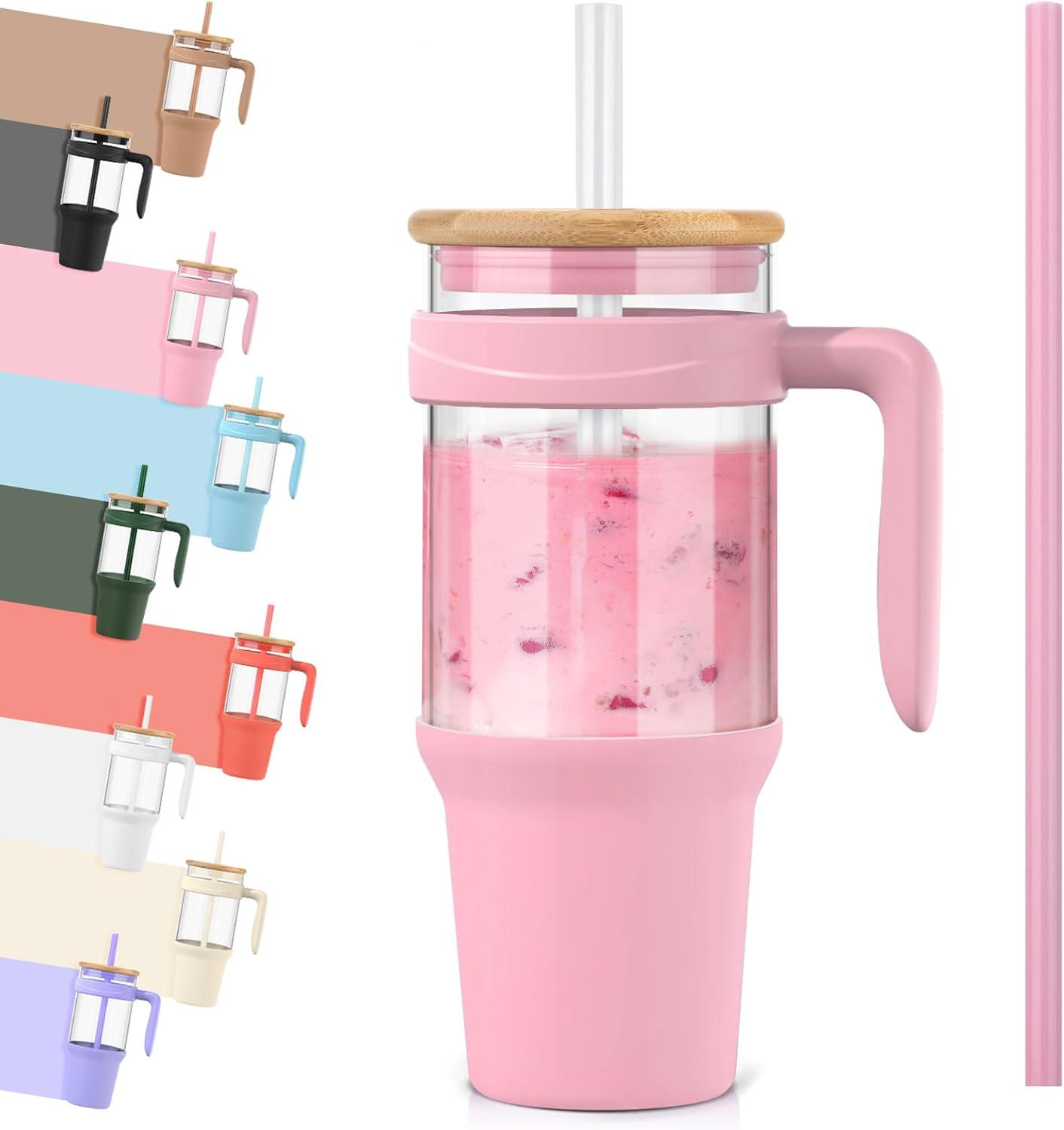 imageTronco 40 oz Glass Tumbler with Handle Bamboo Lid and Straw Fits Cup Holders Reusable Glass Water Bottles for Iced Coffee and Smoothie LeadFree BPAFreePinkBamboo