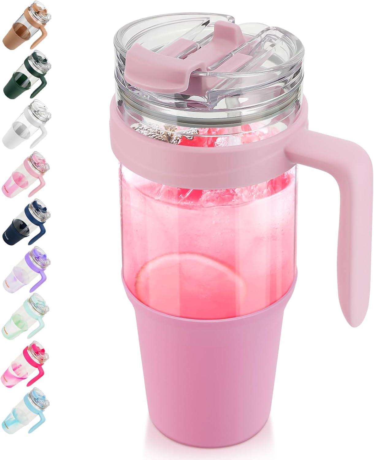 imageTronco 40 oz Glass Tumbler with Handle Bamboo Lid and Straw Fits Cup Holders Reusable Glass Water Bottles for Iced Coffee and Smoothie LeadFree BPAFreePink