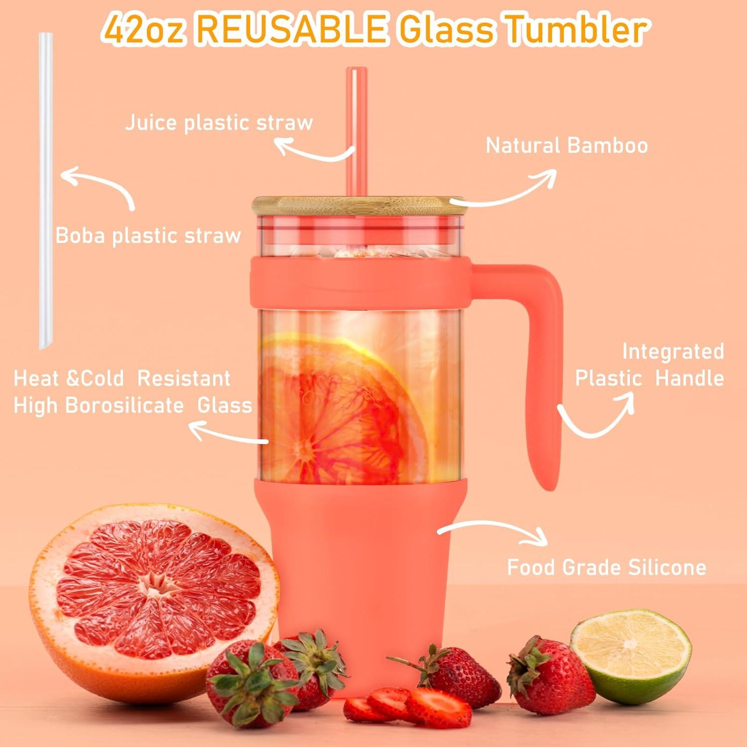 imageTronco 40 oz Glass Tumbler with Handle Bamboo Lid and Straw Fits Cup Holders Reusable Glass Water Bottles for Iced Coffee and Smoothie LeadFree BPAFreeGreenBamboo