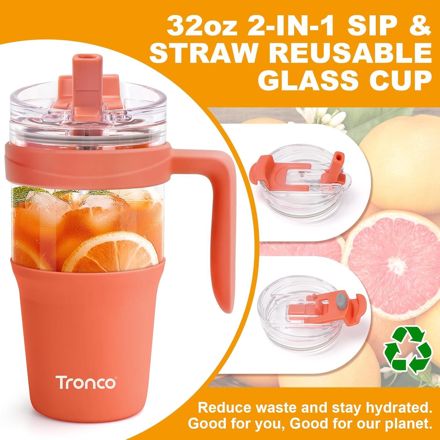 imageTronco 40 oz Glass Tumbler with Handle Bamboo Lid and Straw Fits Cup Holders Reusable Glass Water Bottles for Iced Coffee and Smoothie LeadFree BPAFreeCream