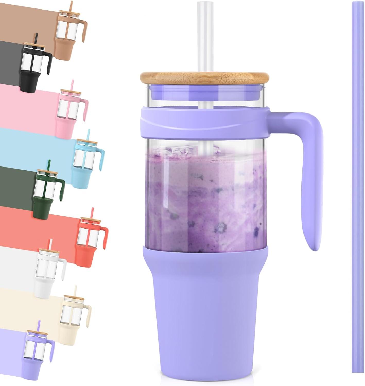 imageTronco 40 oz Glass Tumbler with Handle Bamboo Lid and Straw Fits Cup Holders Reusable Glass Water Bottles for Iced Coffee and Smoothie LeadFree BPAFreePurpleBamboo