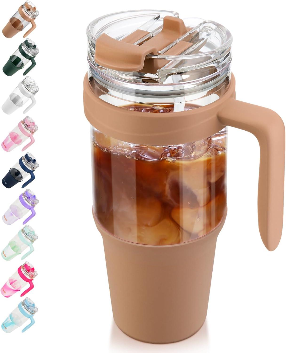imageTronco 40 oz Glass Tumbler with Handle Bamboo Lid and Straw Fits Cup Holders Reusable Glass Water Bottles for Iced Coffee and Smoothie LeadFree BPAFreeKhaki