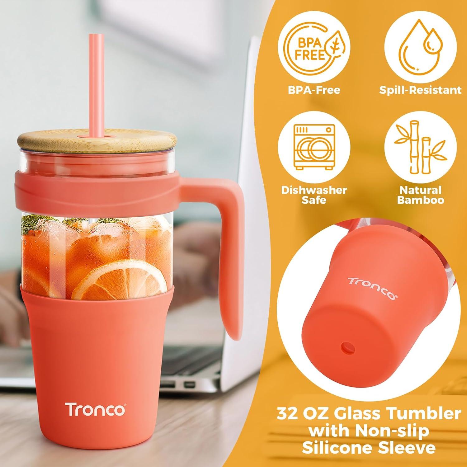 imageTronco 40 oz Glass Tumbler with Handle Bamboo Lid and Straw Fits Cup Holders Reusable Glass Water Bottles for Iced Coffee and Smoothie LeadFree BPAFreeCoral OrangeBamboo