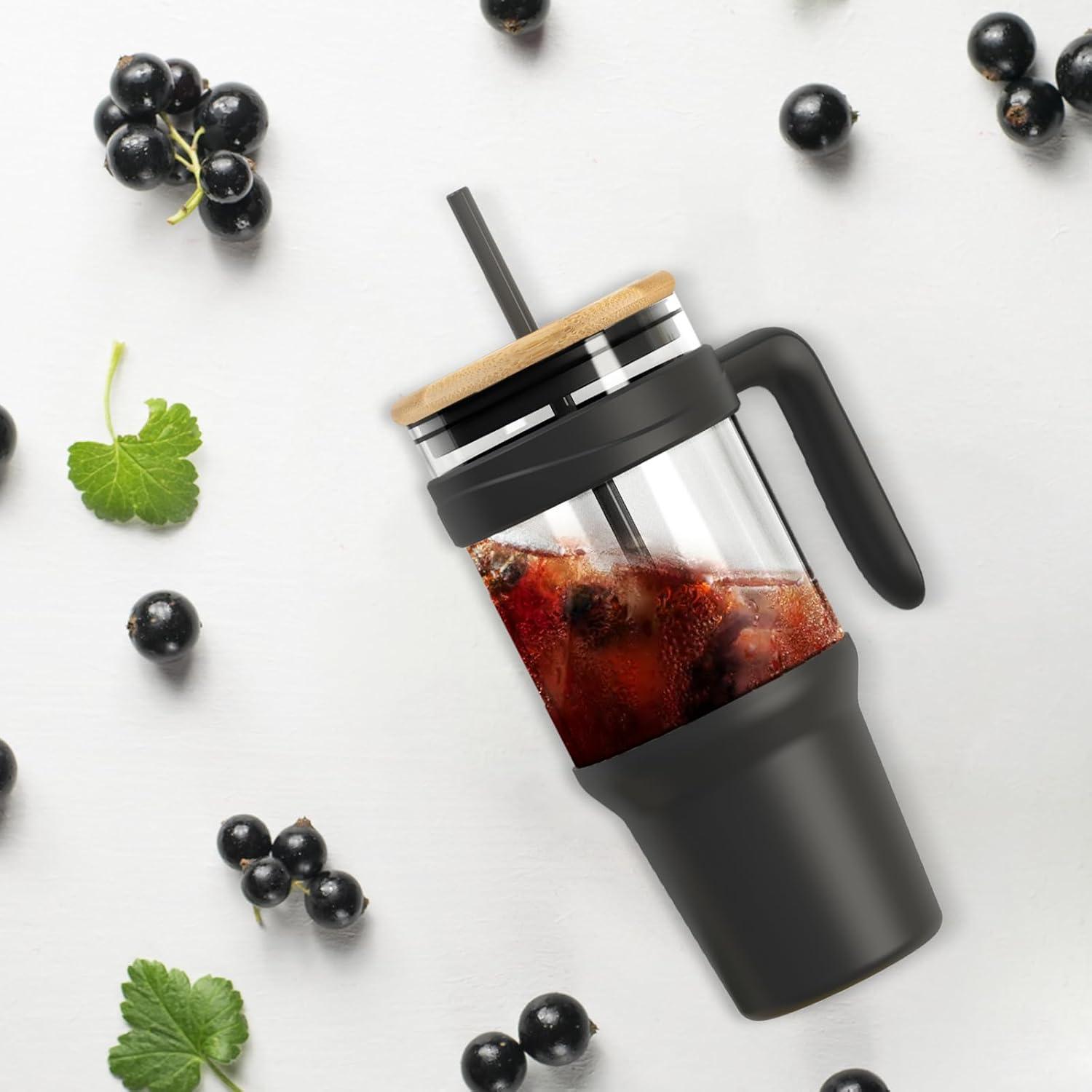 imageTronco 40 oz Glass Tumbler with Handle Bamboo Lid and Straw Fits Cup Holders Reusable Glass Water Bottles for Iced Coffee and Smoothie LeadFree BPAFreeBlackBamboo