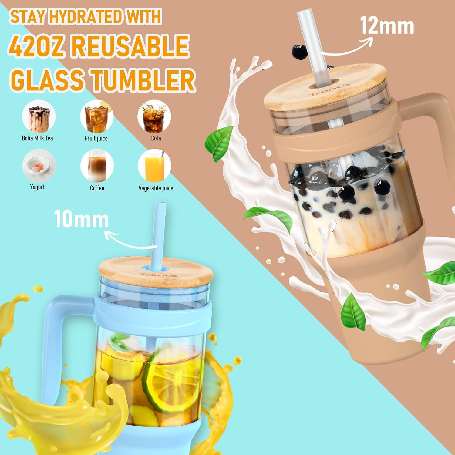 imageTronco 40 oz Glass Tumbler with Handle Bamboo Lid and Straw Fits Cup Holders Reusable Glass Water Bottles for Iced Coffee and Smoothie LeadFree BPAFreeCoral OrangeBamboo