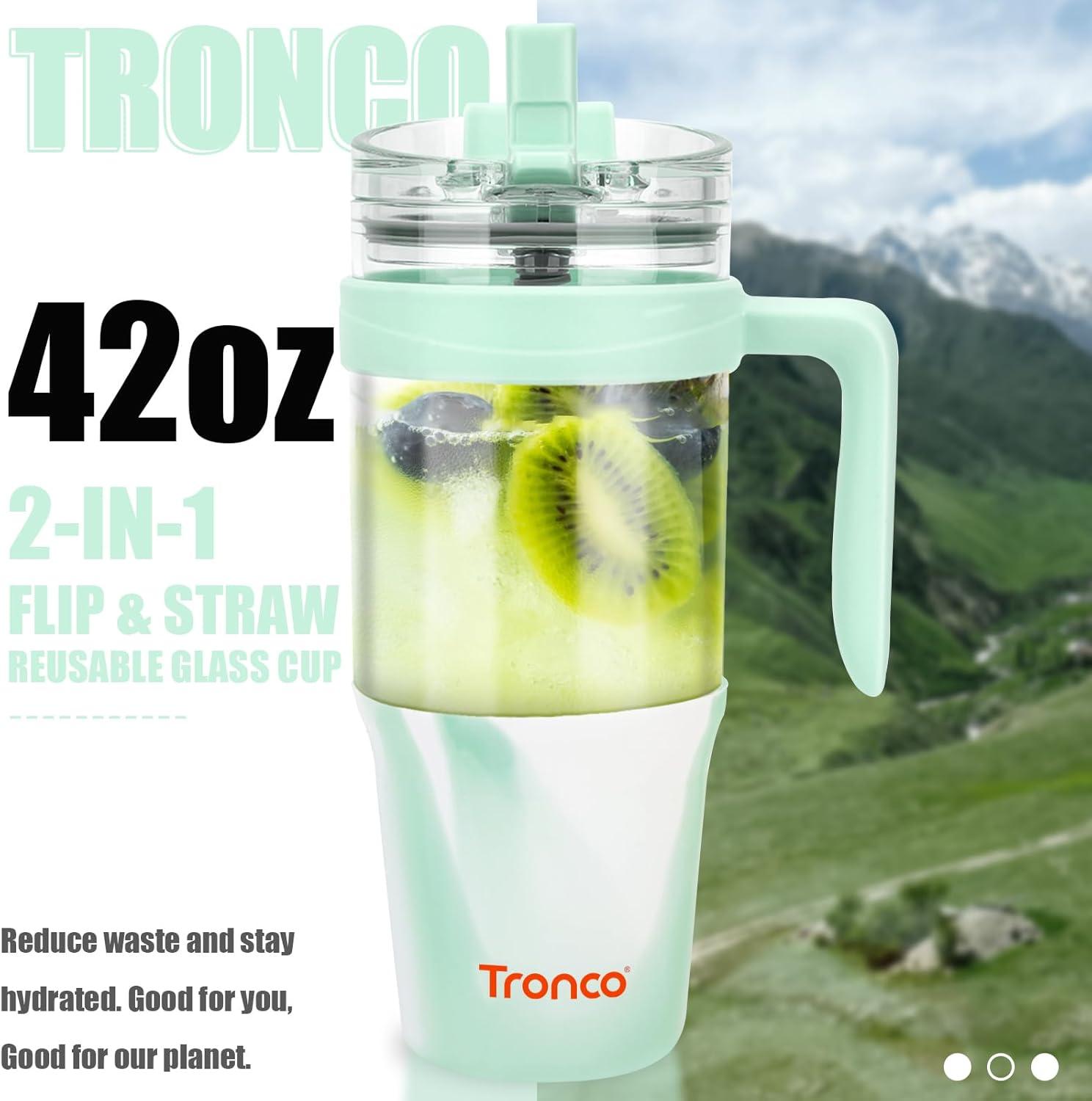 imageTronco 40 oz Glass Tumbler with Handle Bamboo Lid and Straw Fits Cup Holders Reusable Glass Water Bottles for Iced Coffee and Smoothie LeadFree BPAFreeMixedLight Green