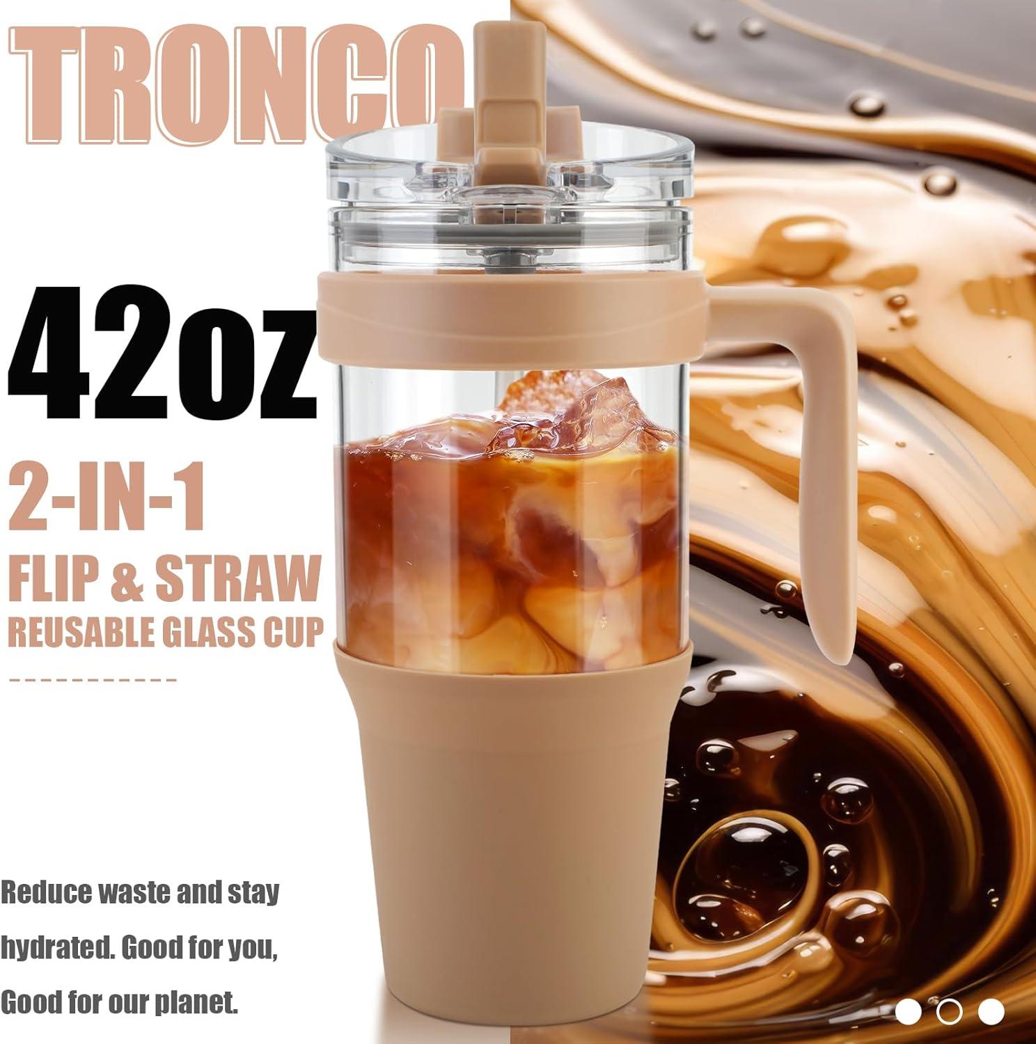 imageTronco 40 oz Glass Tumbler with Handle Bamboo Lid and Straw Fits Cup Holders Reusable Glass Water Bottles for Iced Coffee and Smoothie LeadFree BPAFreeKhaki