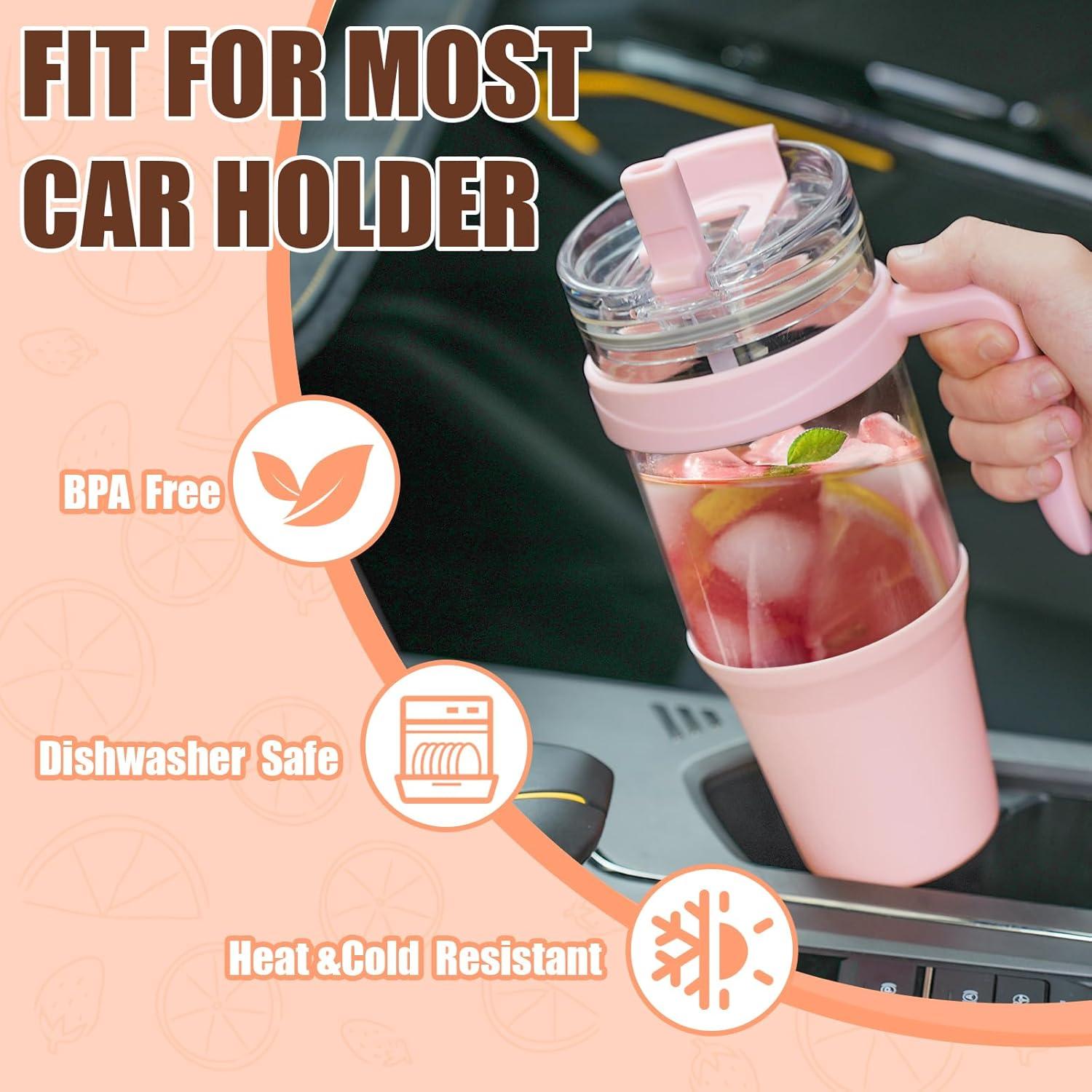 imageTronco 40 oz Glass Tumbler with Handle Bamboo Lid and Straw Fits Cup Holders Reusable Glass Water Bottles for Iced Coffee and Smoothie LeadFree BPAFreePink