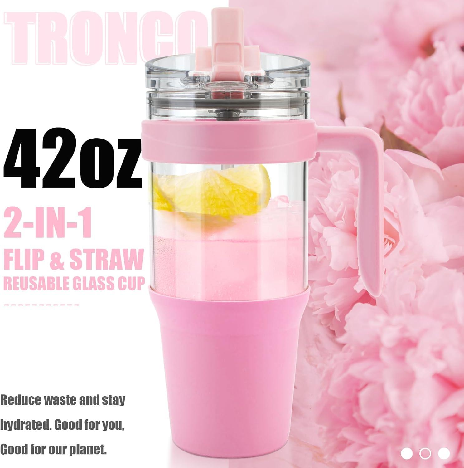 imageTronco 40 oz Glass Tumbler with Handle Bamboo Lid and Straw Fits Cup Holders Reusable Glass Water Bottles for Iced Coffee and Smoothie LeadFree BPAFreePink