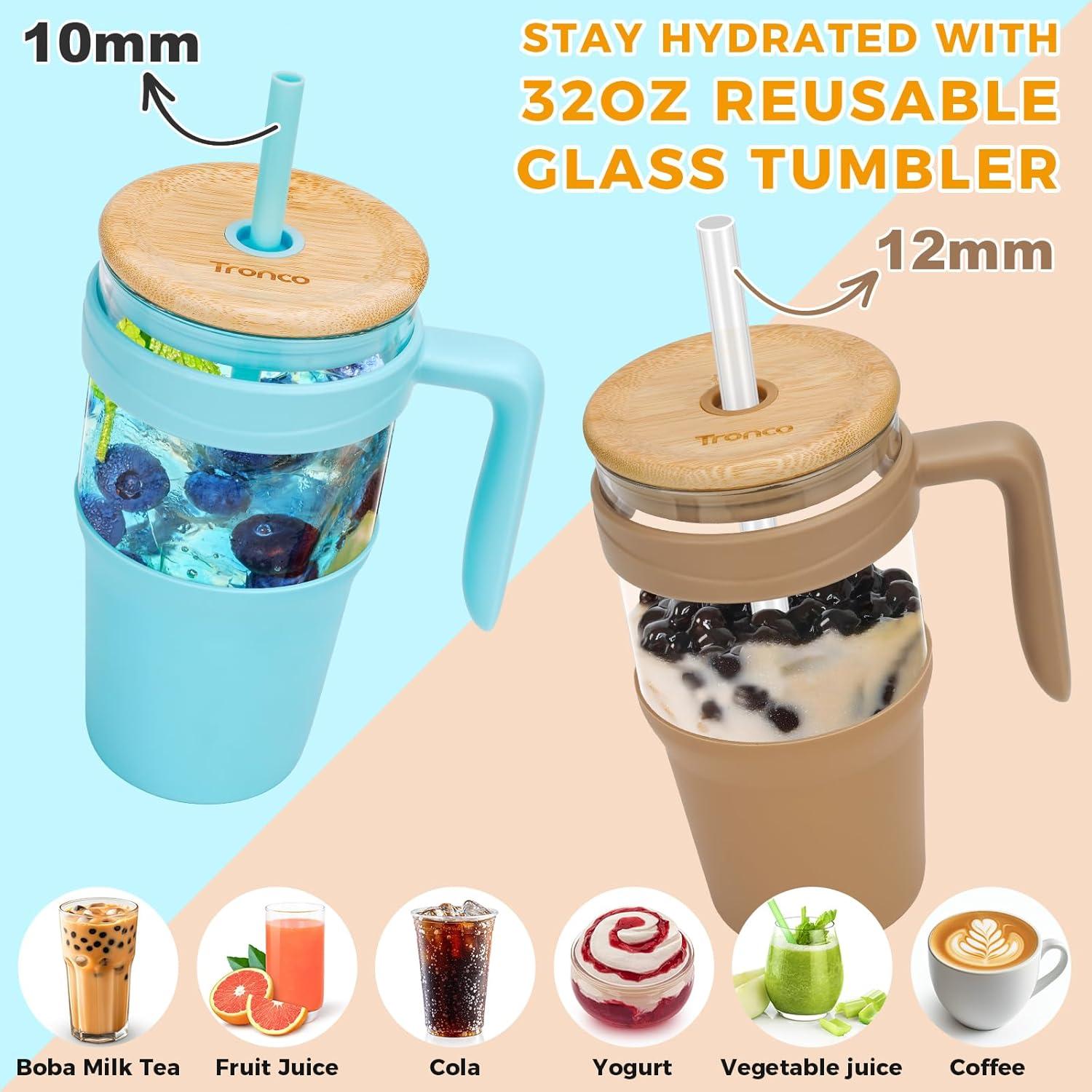 imageTronco 40 oz Glass Tumbler with Handle Bamboo Lid and Straw Fits Cup Holders Reusable Glass Water Bottles for Iced Coffee and Smoothie LeadFree BPAFreeCoral OrangeBamboo
