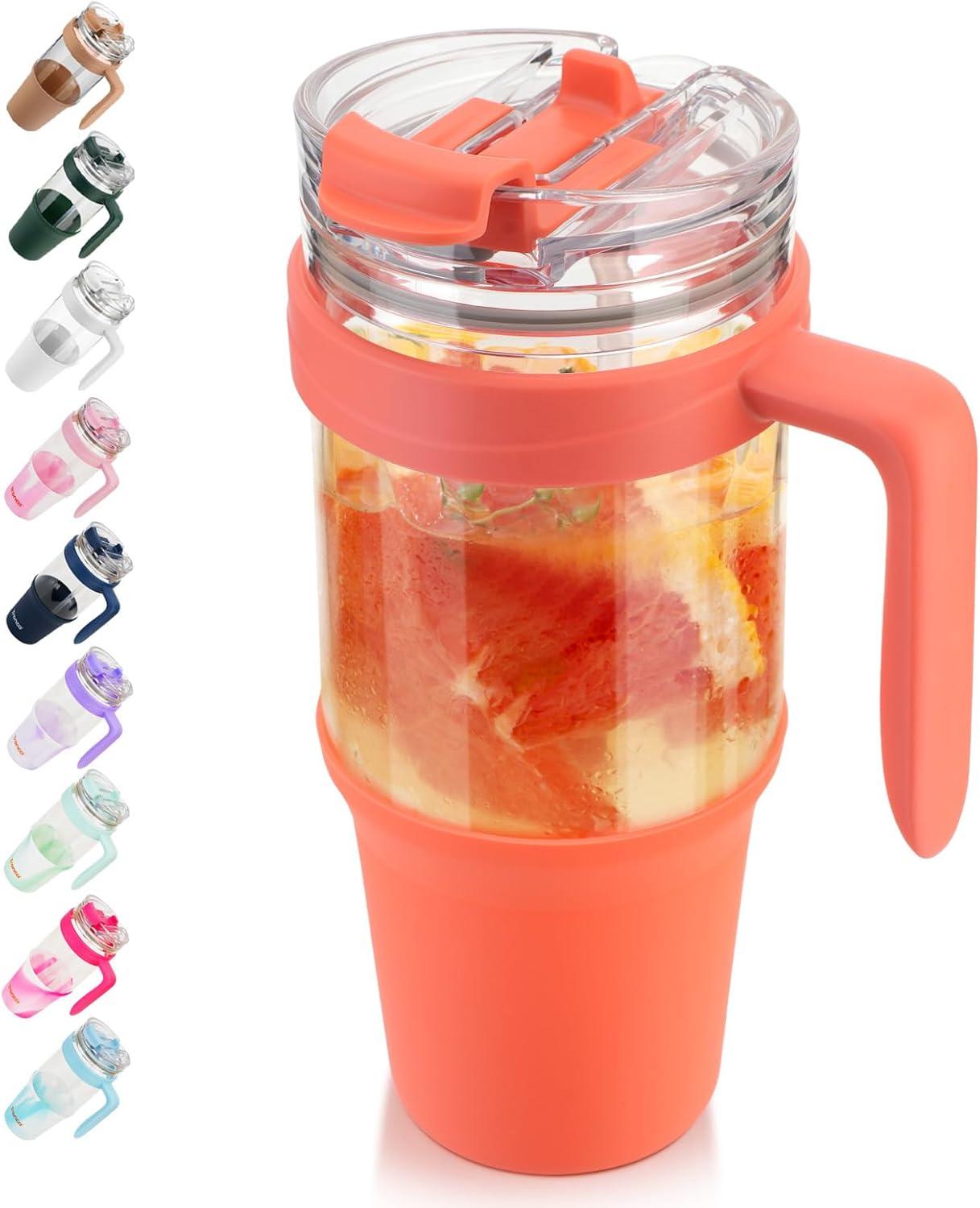 imageTronco 40 oz Glass Tumbler with Handle Bamboo Lid and Straw Fits Cup Holders Reusable Glass Water Bottles for Iced Coffee and Smoothie LeadFree BPAFreeCoral Orange