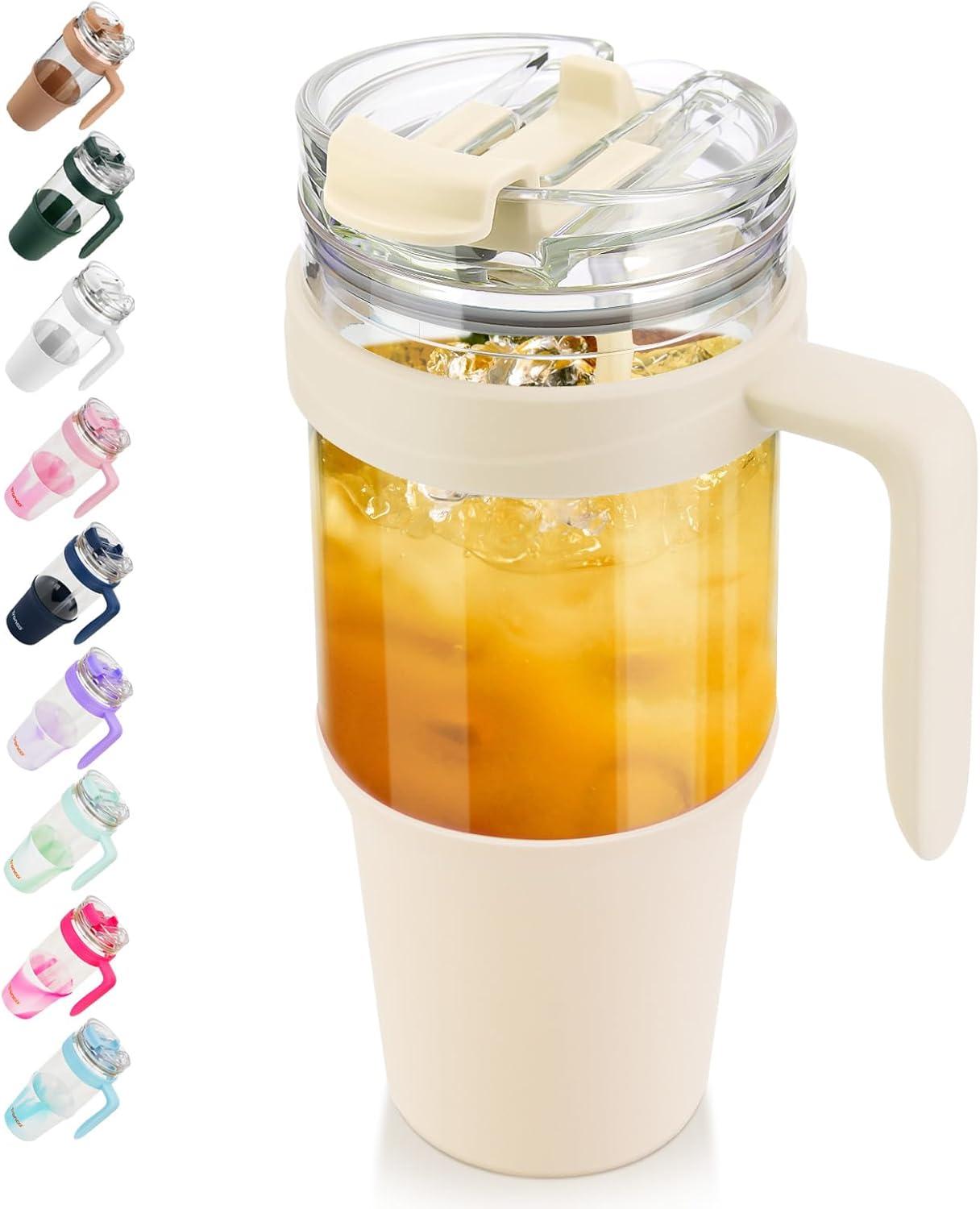 imageTronco 40 oz Glass Tumbler with Handle Bamboo Lid and Straw Fits Cup Holders Reusable Glass Water Bottles for Iced Coffee and Smoothie LeadFree BPAFreeCream