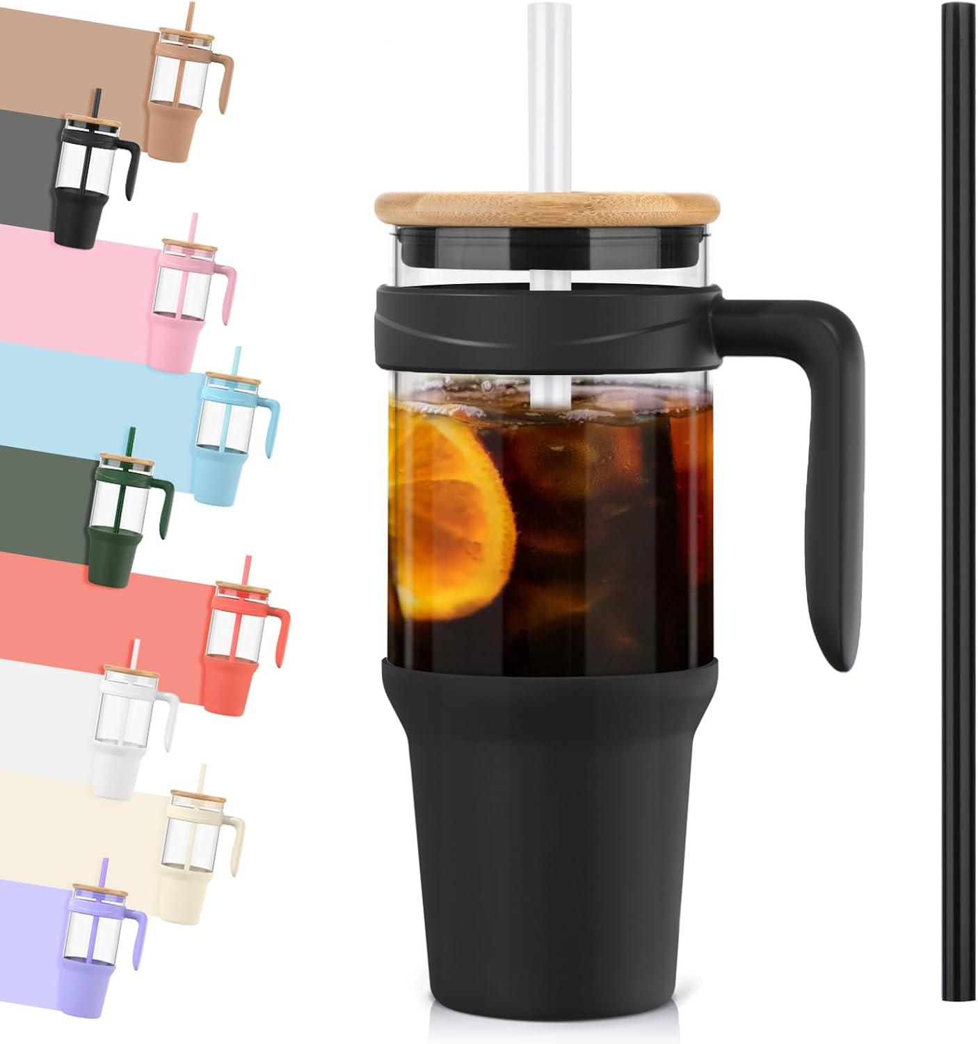 imageTronco 40 oz Glass Tumbler with Handle Bamboo Lid and Straw Fits Cup Holders Reusable Glass Water Bottles for Iced Coffee and Smoothie LeadFree BPAFreeBlackBamboo