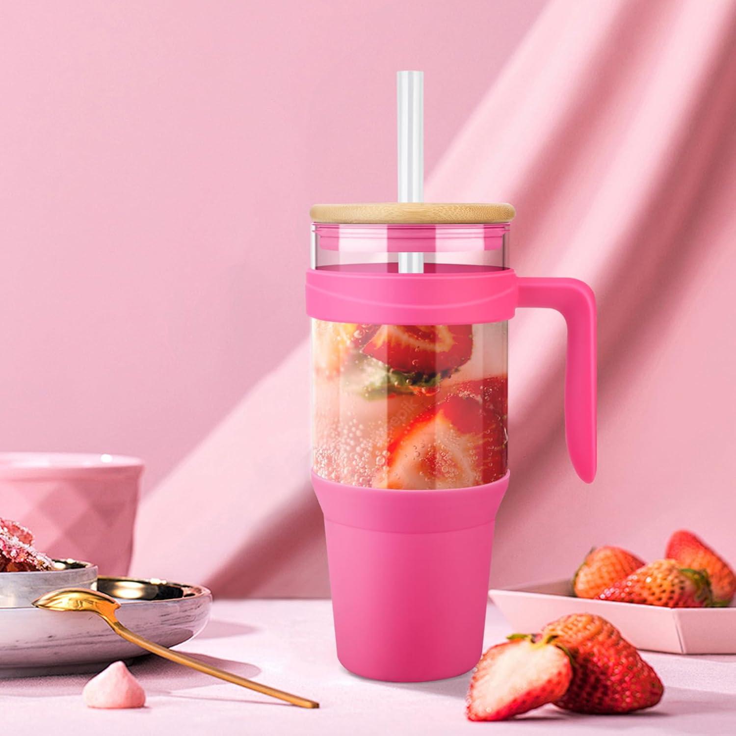 imageTronco 40 oz Glass Tumbler with Handle Bamboo Lid and Straw Fits Cup Holders Reusable Glass Water Bottles for Iced Coffee and Smoothie LeadFree BPAFreeHot PinkBamboo