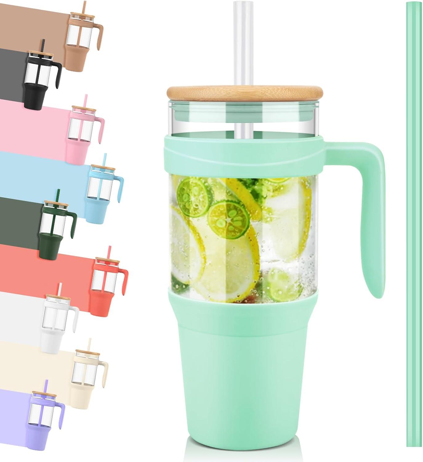 imageTronco 40 oz Glass Tumbler with Handle Bamboo Lid and Straw Fits Cup Holders Reusable Glass Water Bottles for Iced Coffee and Smoothie LeadFree BPAFreeLight GreenBamboo
