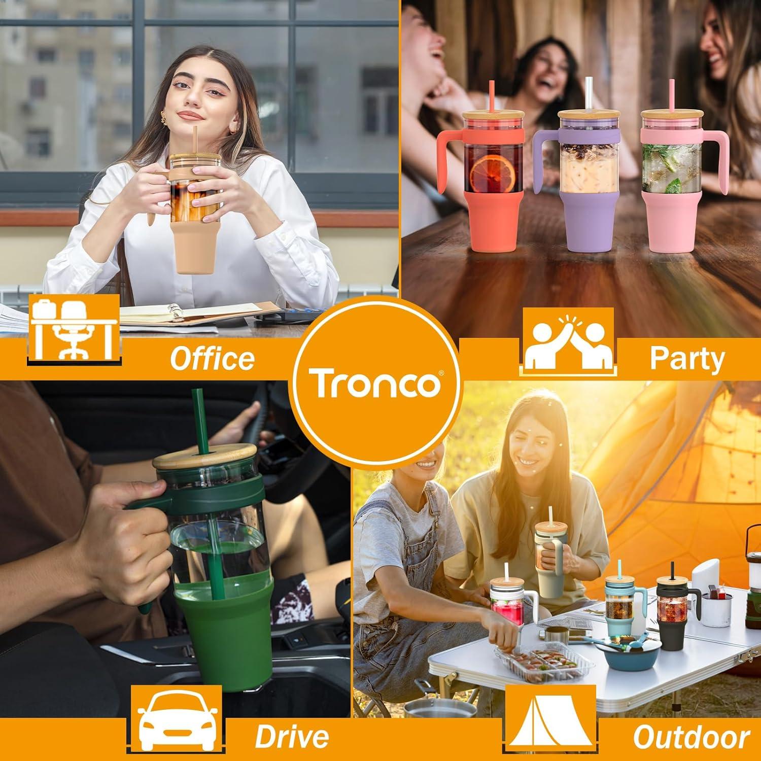imageTronco 40 oz Glass Tumbler with Handle Bamboo Lid and Straw Fits Cup Holders Reusable Glass Water Bottles for Iced Coffee and Smoothie LeadFree BPAFreeCoral OrangeBamboo