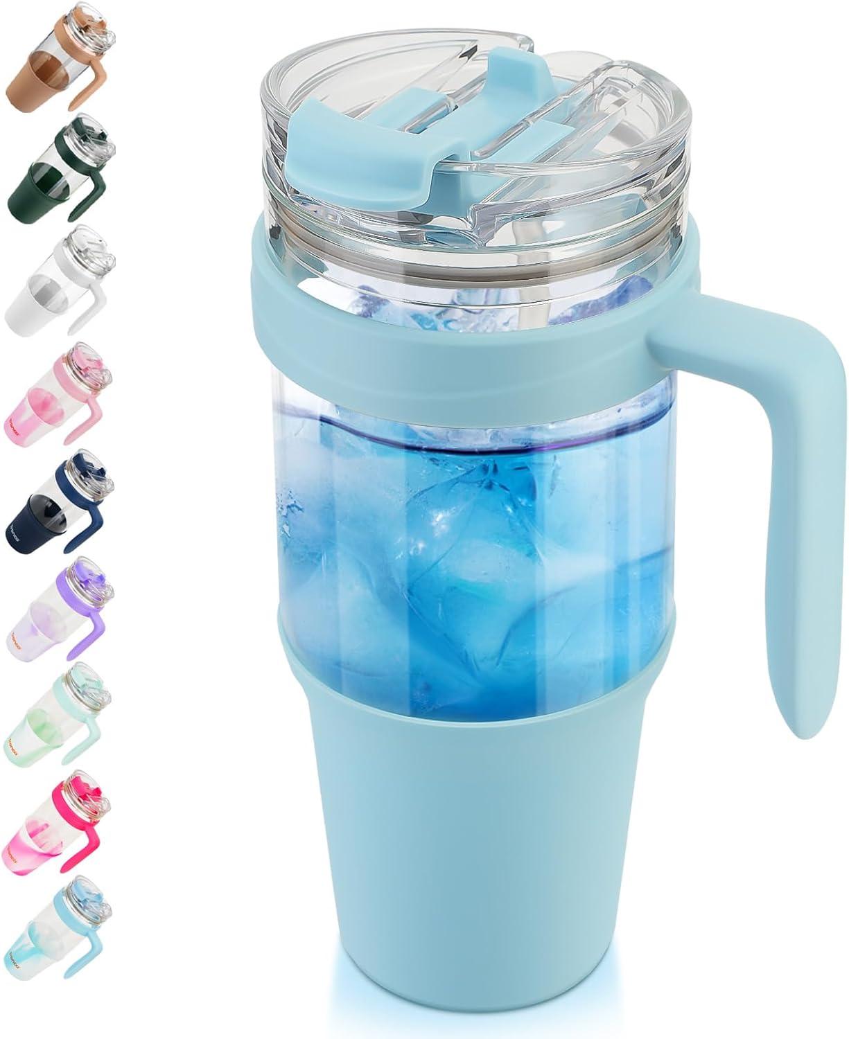 imageTronco 40 oz Glass Tumbler with Handle Bamboo Lid and Straw Fits Cup Holders Reusable Glass Water Bottles for Iced Coffee and Smoothie LeadFree BPAFreeskyblue