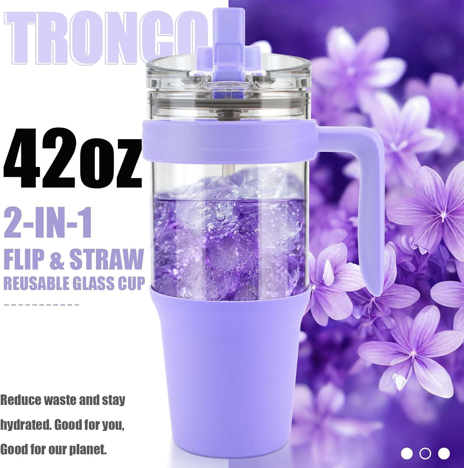 imageTronco 40 oz Glass Tumbler with Handle Bamboo Lid and Straw Fits Cup Holders Reusable Glass Water Bottles for Iced Coffee and Smoothie LeadFree BPAFreeLavender
