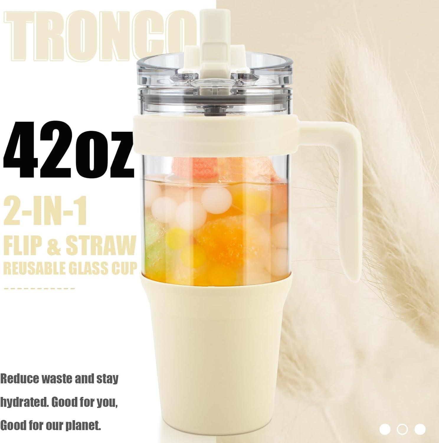 imageTronco 40 oz Glass Tumbler with Handle Bamboo Lid and Straw Fits Cup Holders Reusable Glass Water Bottles for Iced Coffee and Smoothie LeadFree BPAFreeCream