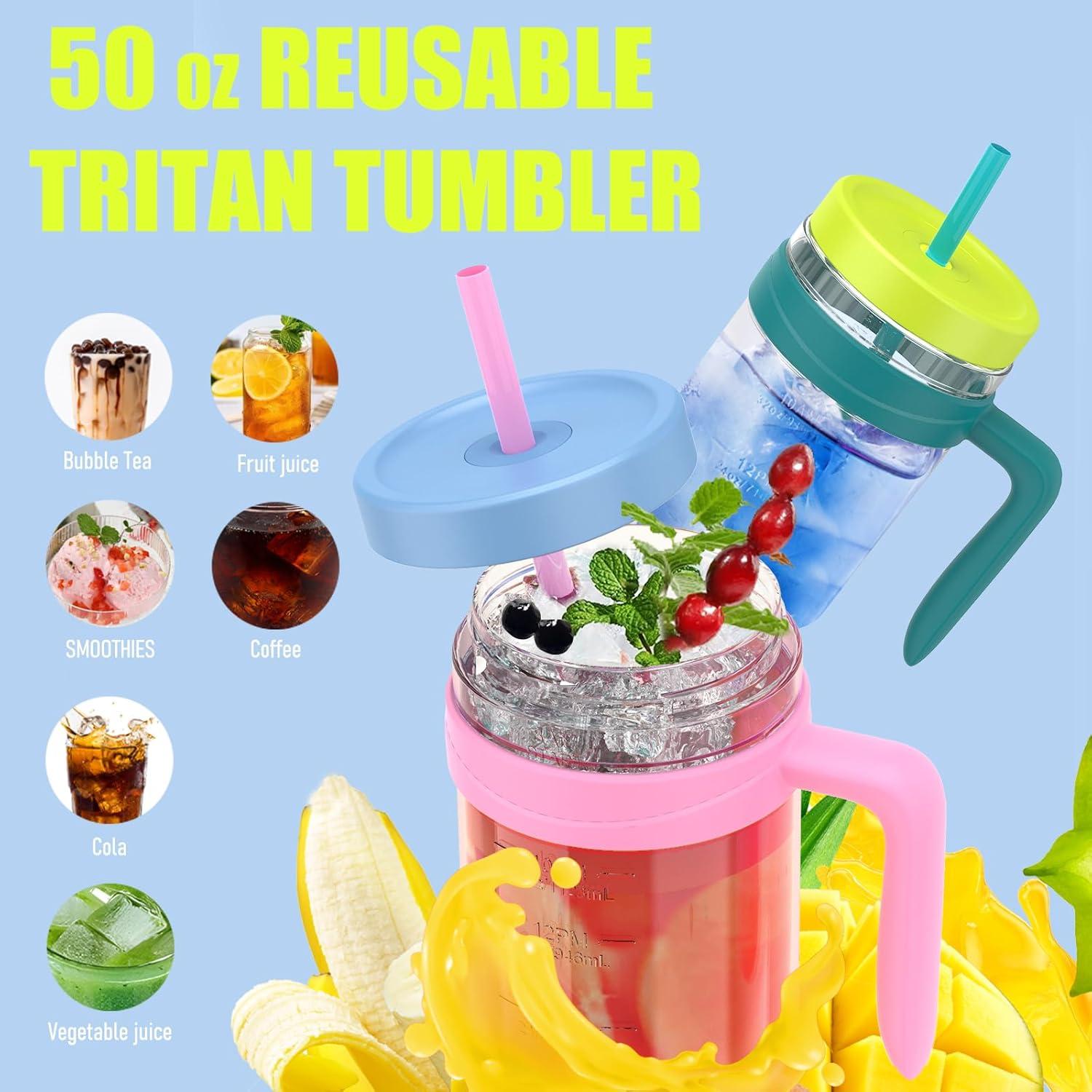 imageTronco 50 oz Tritan Plastic Tumbler with Lid and Straw BPAFree Reusable Clear Water Bottle with Time Marker 100 Leak Proof ampamp Wide Mouth for Iced Coffee Juice Bubble Tea SmoothiesGrayish blue